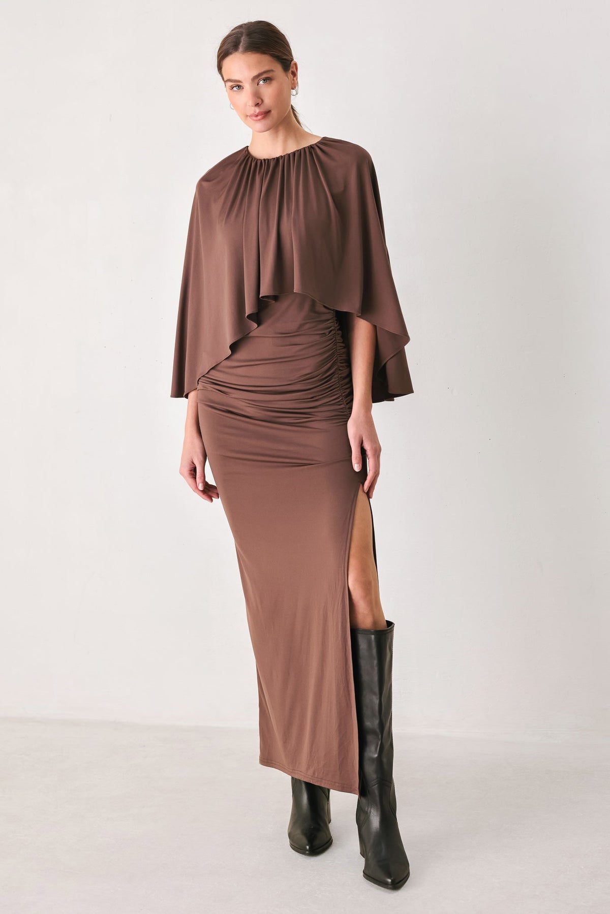 DUSTY ROSE DRAPE MAUVE CAPLET SHIRRED MIDI DRESS