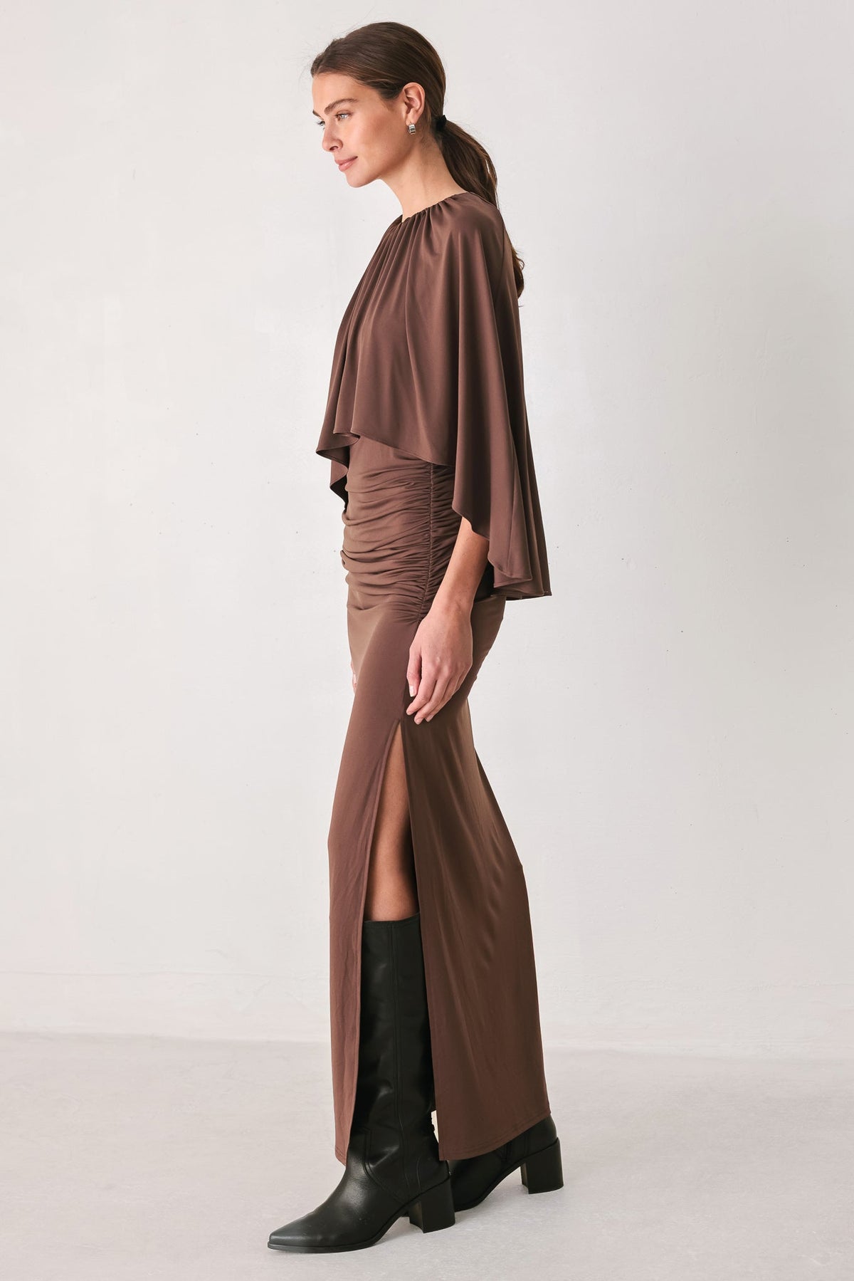 DUSTY ROSE DRAPE MAUVE CAPLET SHIRRED MIDI DRESS