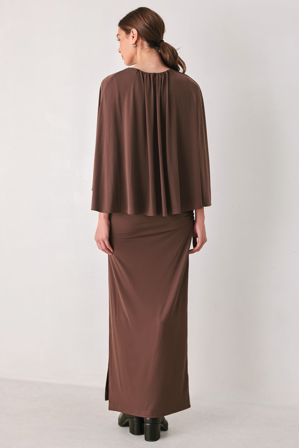 DUSTY ROSE DRAPE MAUVE CAPLET SHIRRED MIDI DRESS
