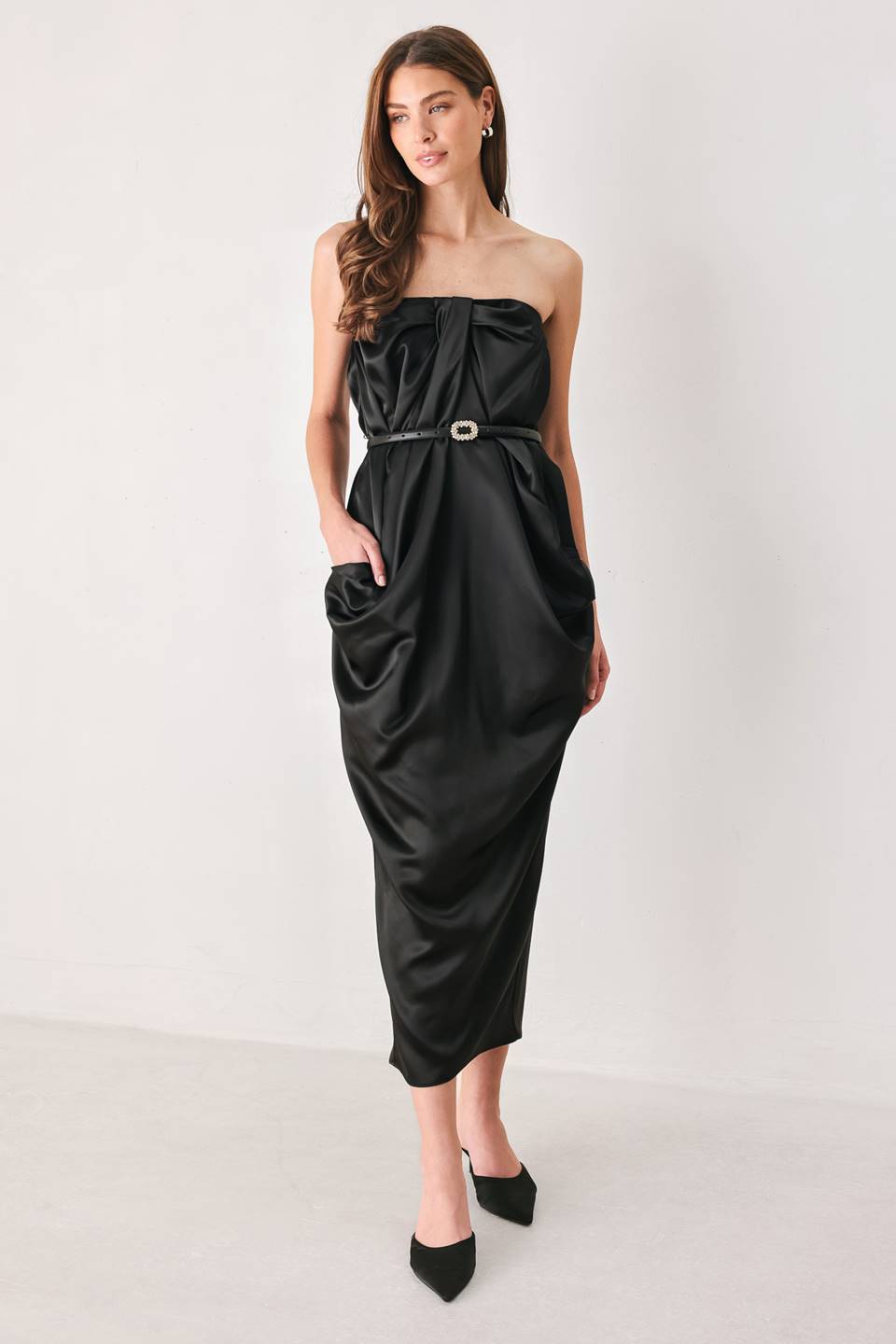 NOIR DRAPE BLACK RUCHED TULIP-SKIRT MIDI DRESS