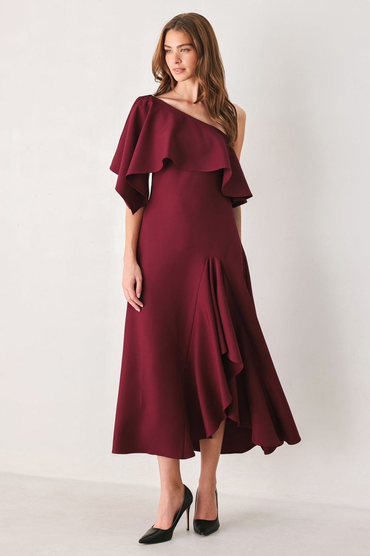 WINE CASCADE BURGUNDY ONE-SHOULDER RUFFLE MIDI DRESS