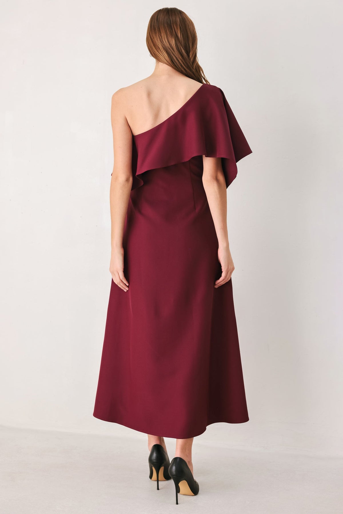 WINE CASCADE BURGUNDY ONE-SHOULDER RUFFLE MIDI DRESS