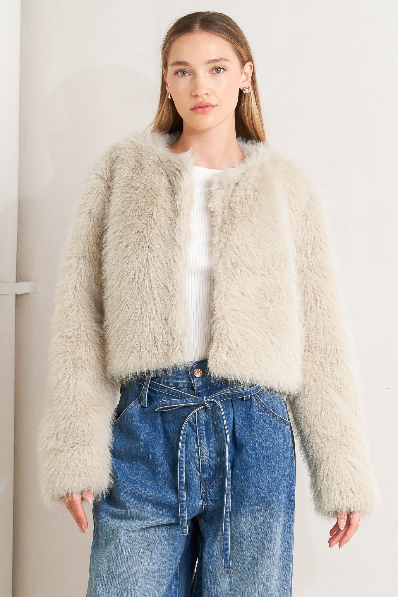 LONDON FLARE CREAM FAUX FUR CROP JACKET