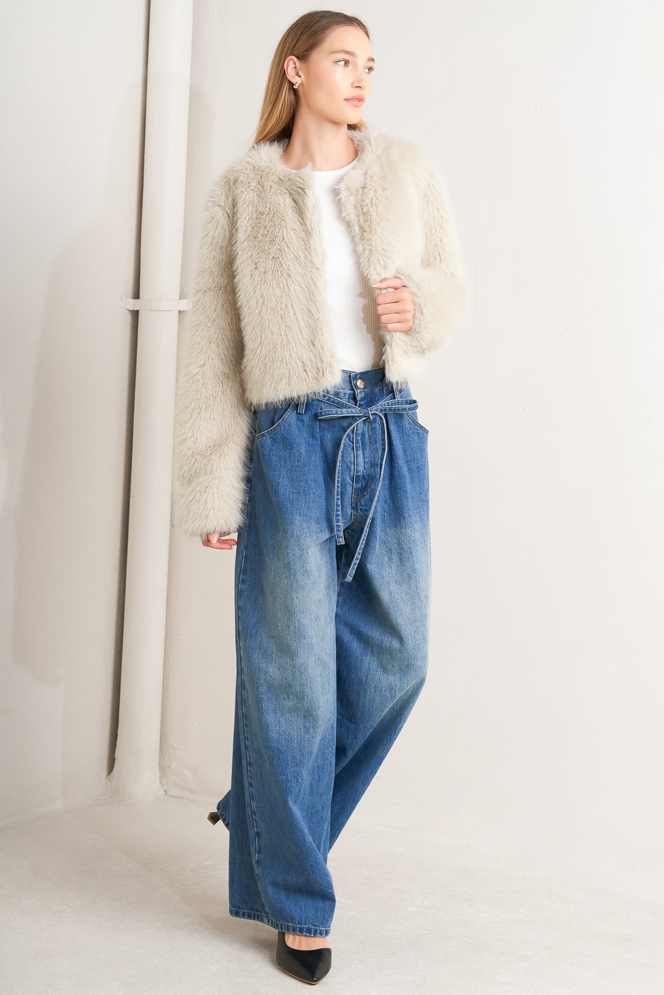 LONDON FLARE CREAM FAUX FUR CROP JACKET