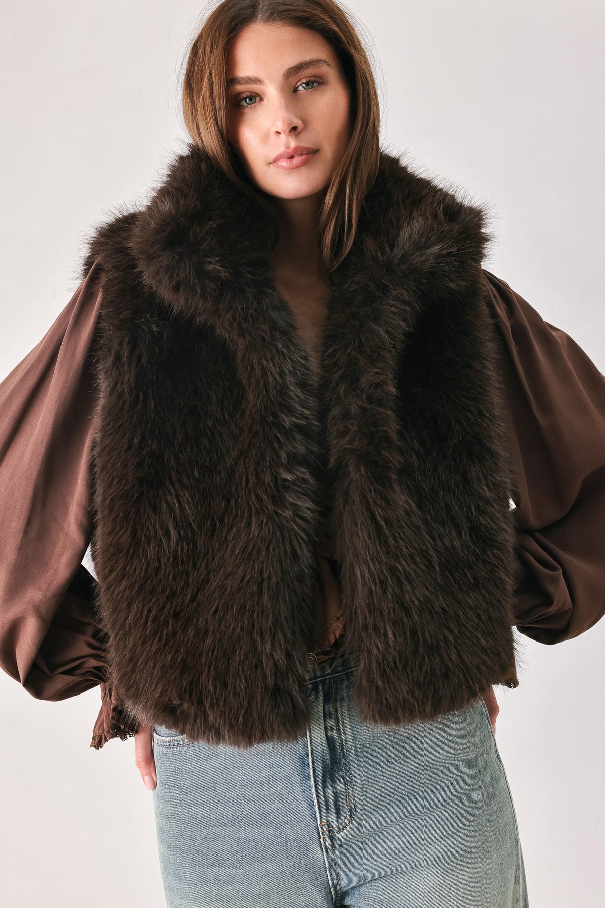 COCOA PLUSH CHOCOLATE BROWN FAUX FUR VEST