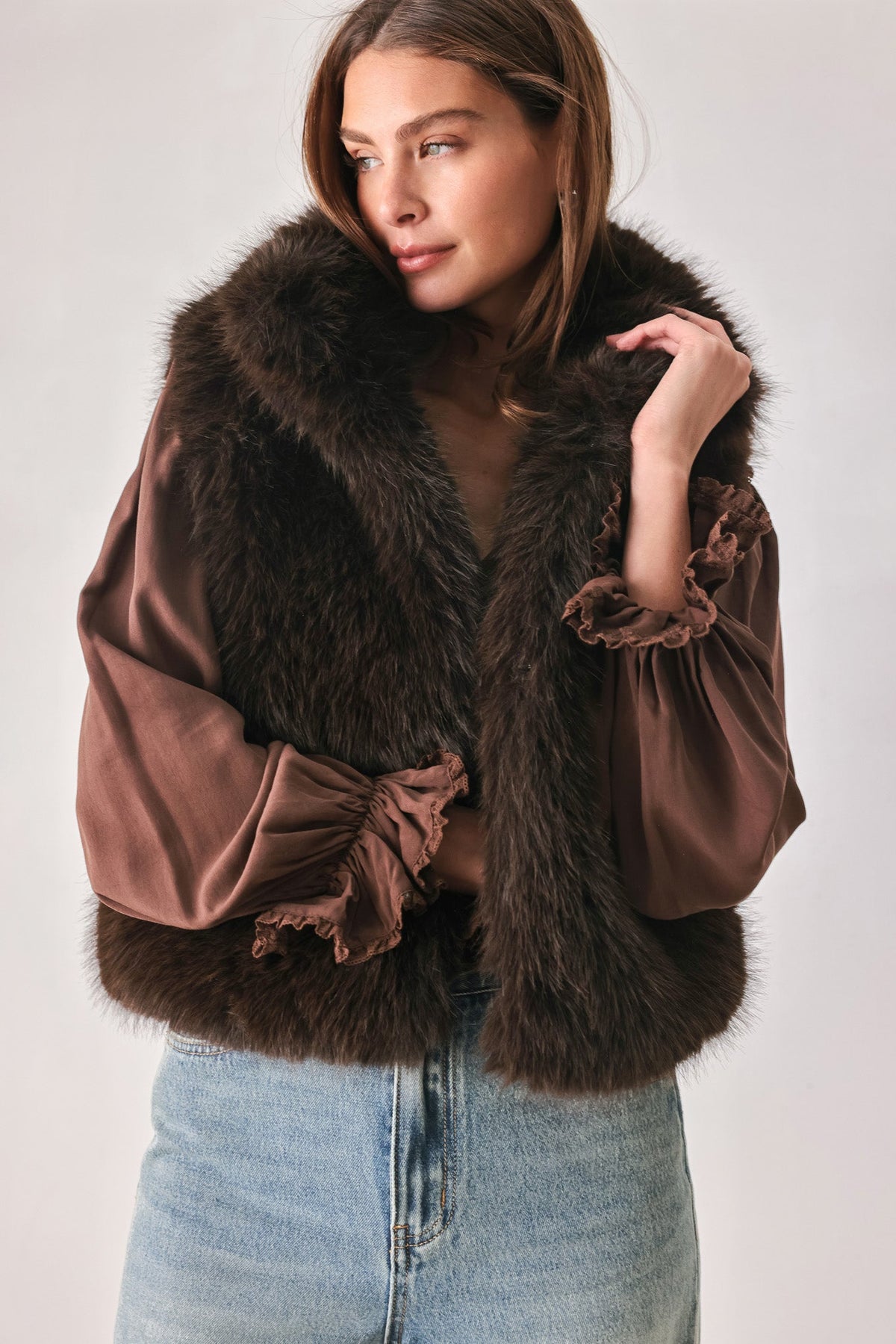 COCOA PLUSH CHOCOLATE BROWN FAUX FUR VEST