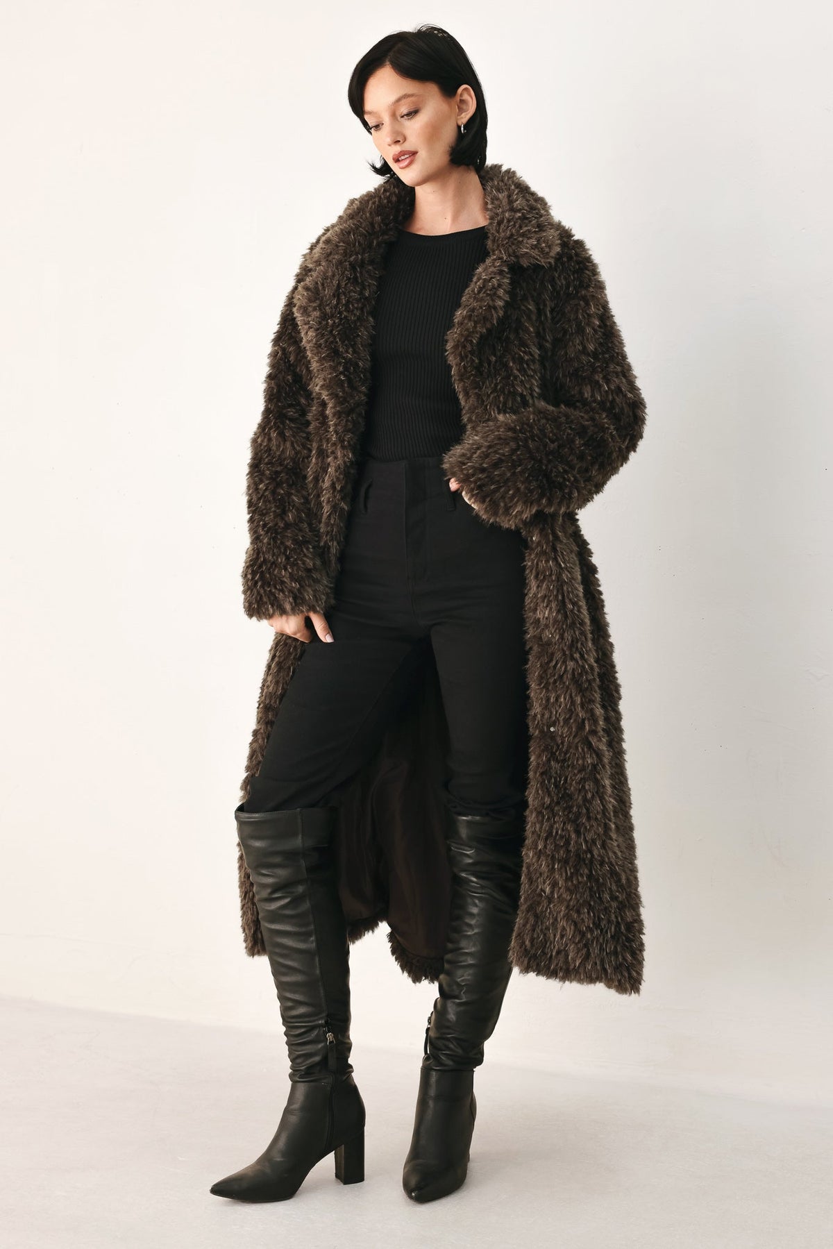 COZY IN THE CITY BELTED FAUX FUR MIDI COAT