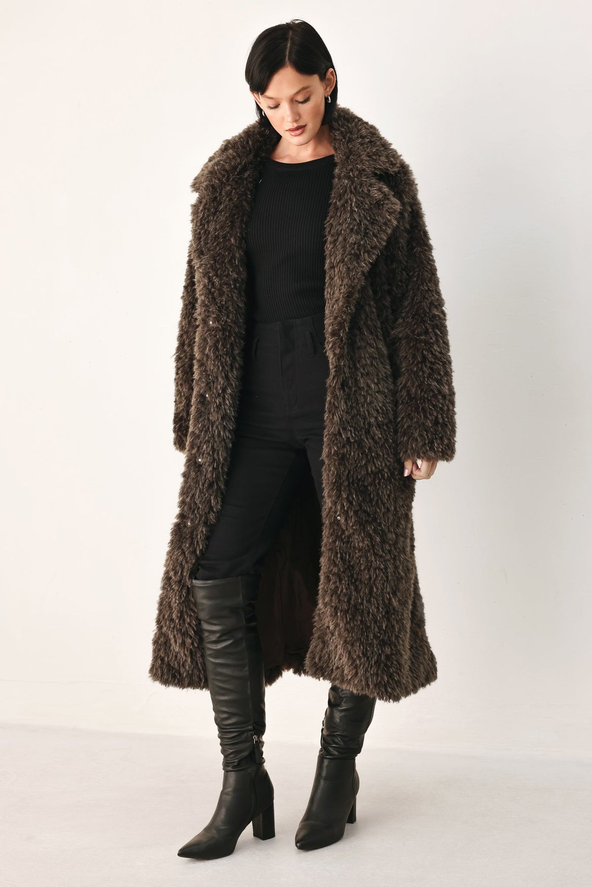 COZY IN THE CITY BELTED FAUX FUR MIDI COAT