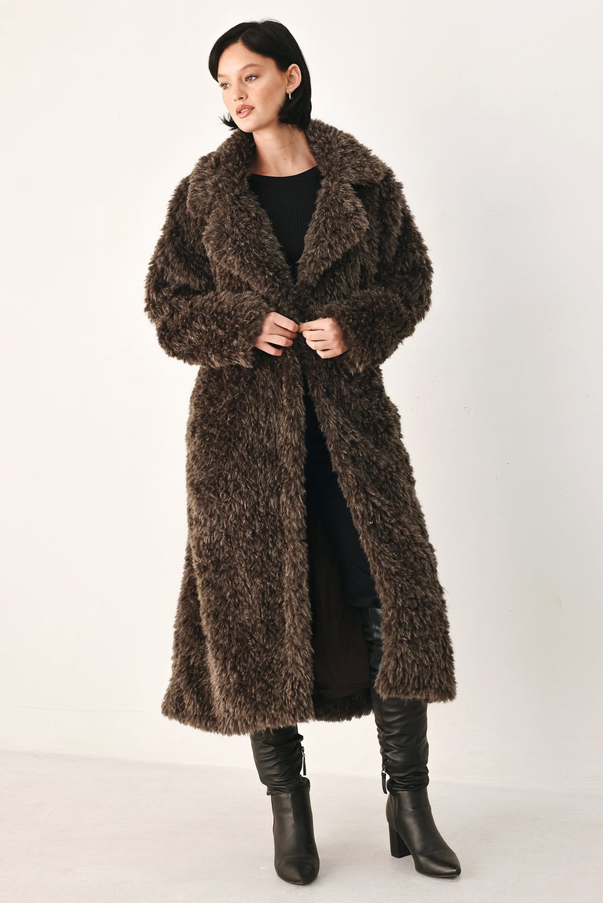 COZY IN THE CITY BELTED FAUX FUR MIDI COAT