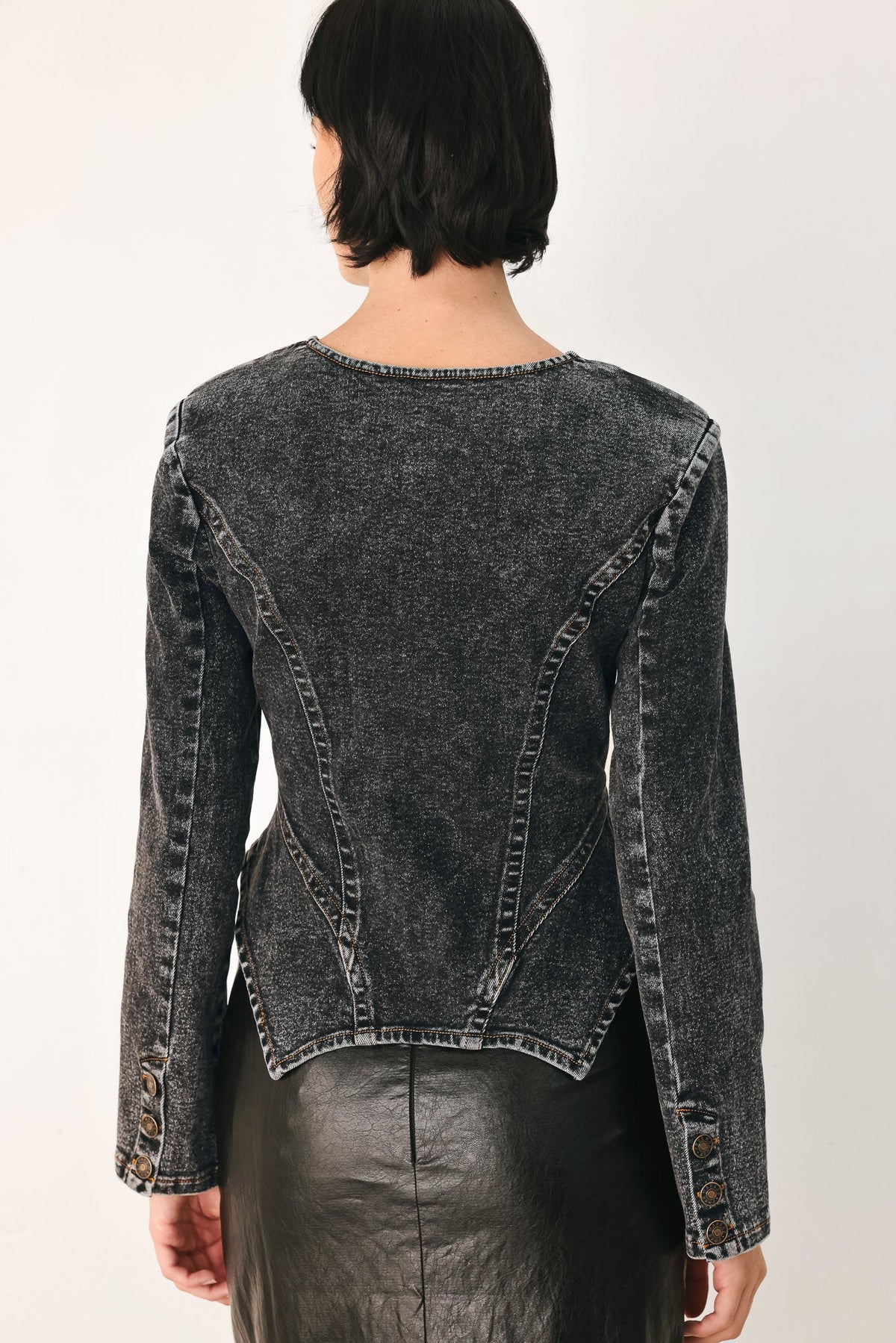 DOWNTOWN EDGE ACID WASH PEPLUM JACKET