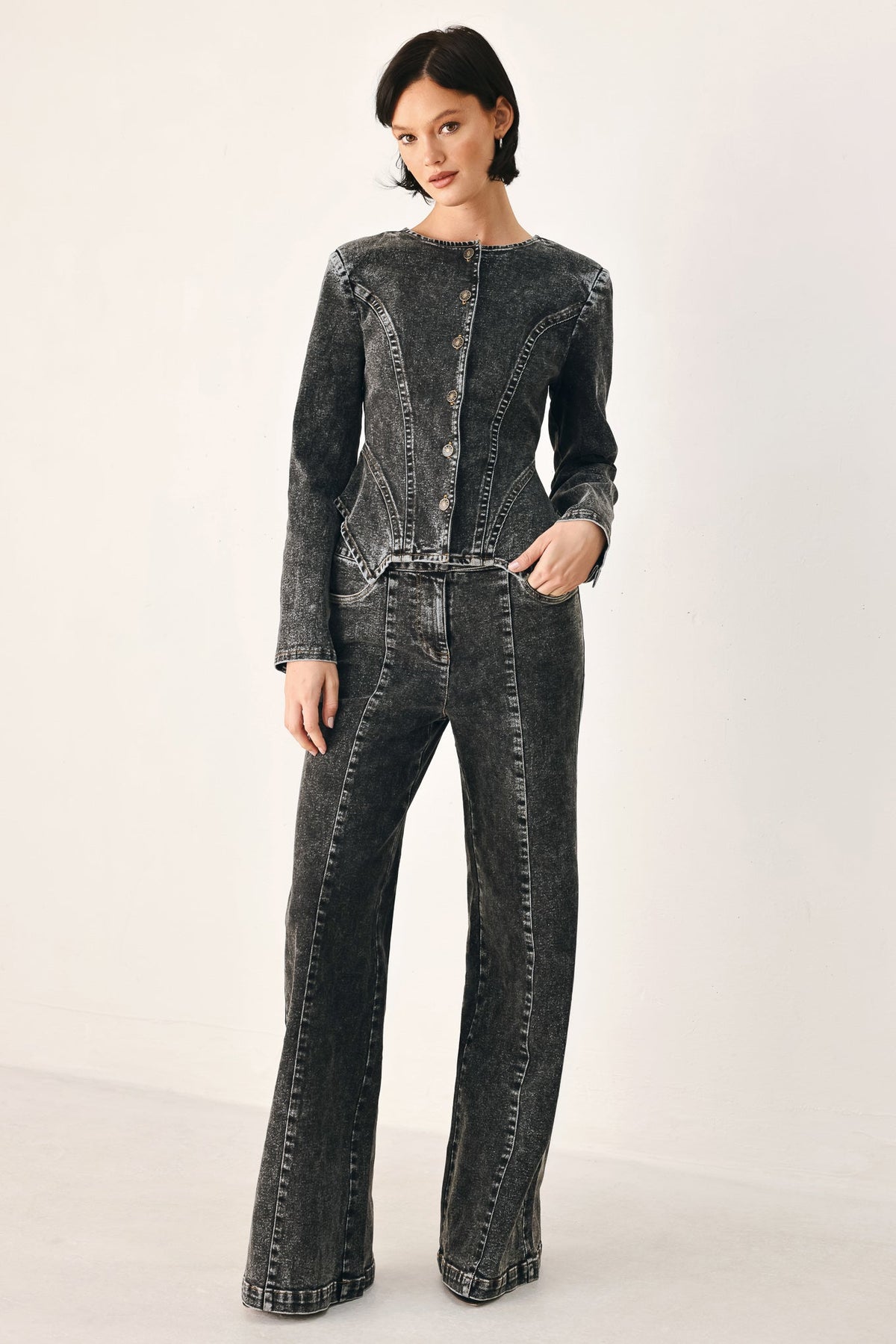 DOWNTOWN EDGE ACID WASH PEPLUM JACKET