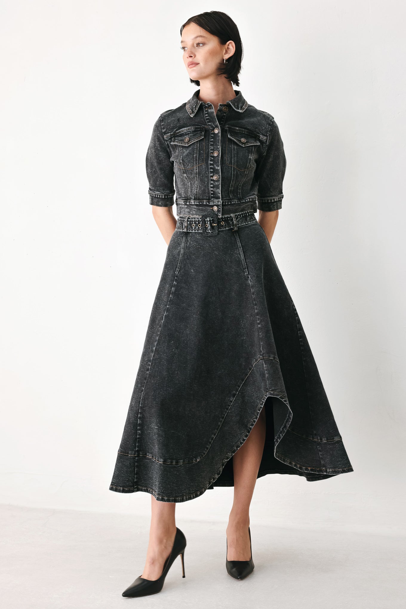 SHADOW STITCH ROMANCE DENIM MIDI SKIRT