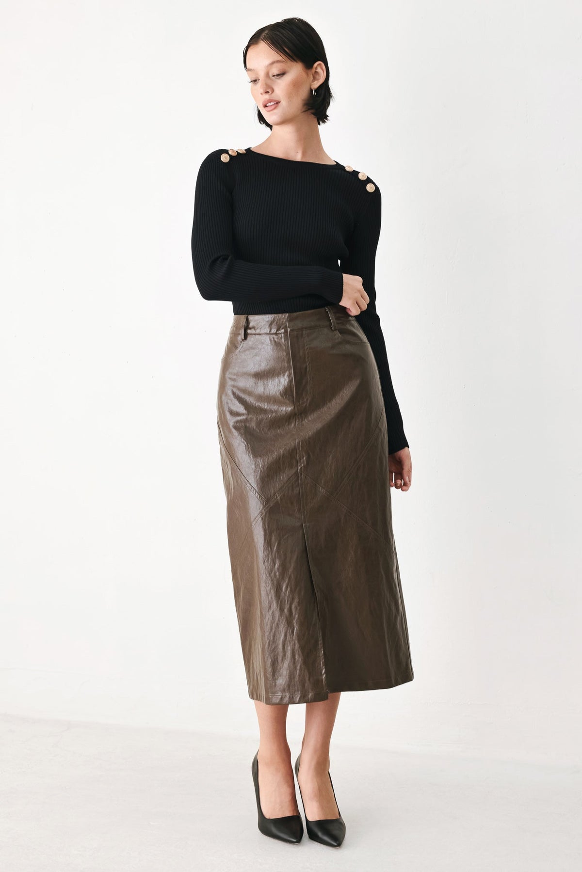 STONE LEATHER COLUMN FAUX LEATHER PENCIL SKIRT