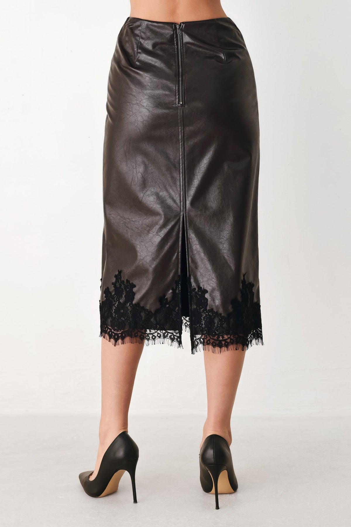 LACE AFTER DARK FAUX LEATHER PENCIL SKIRT