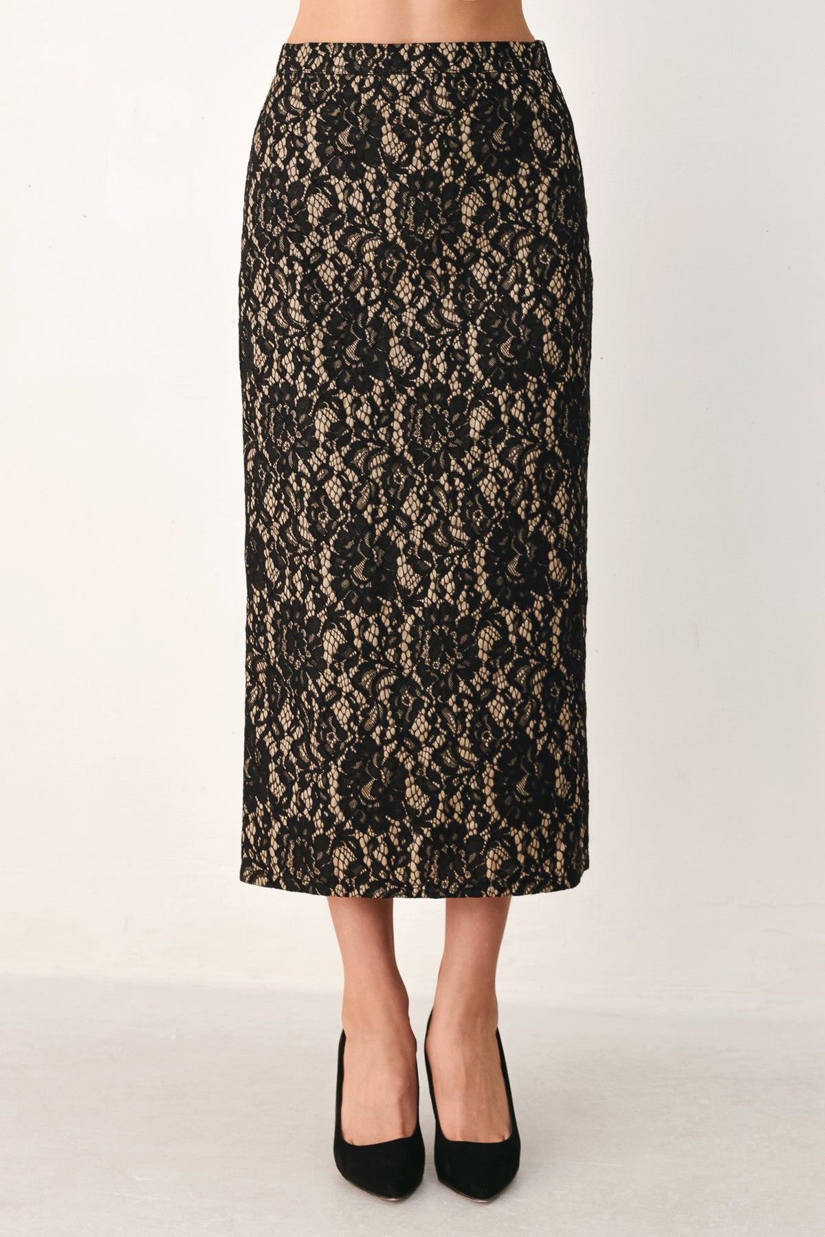 LACE THEORY BLACK LACE PENCIL MIDI SKIRT