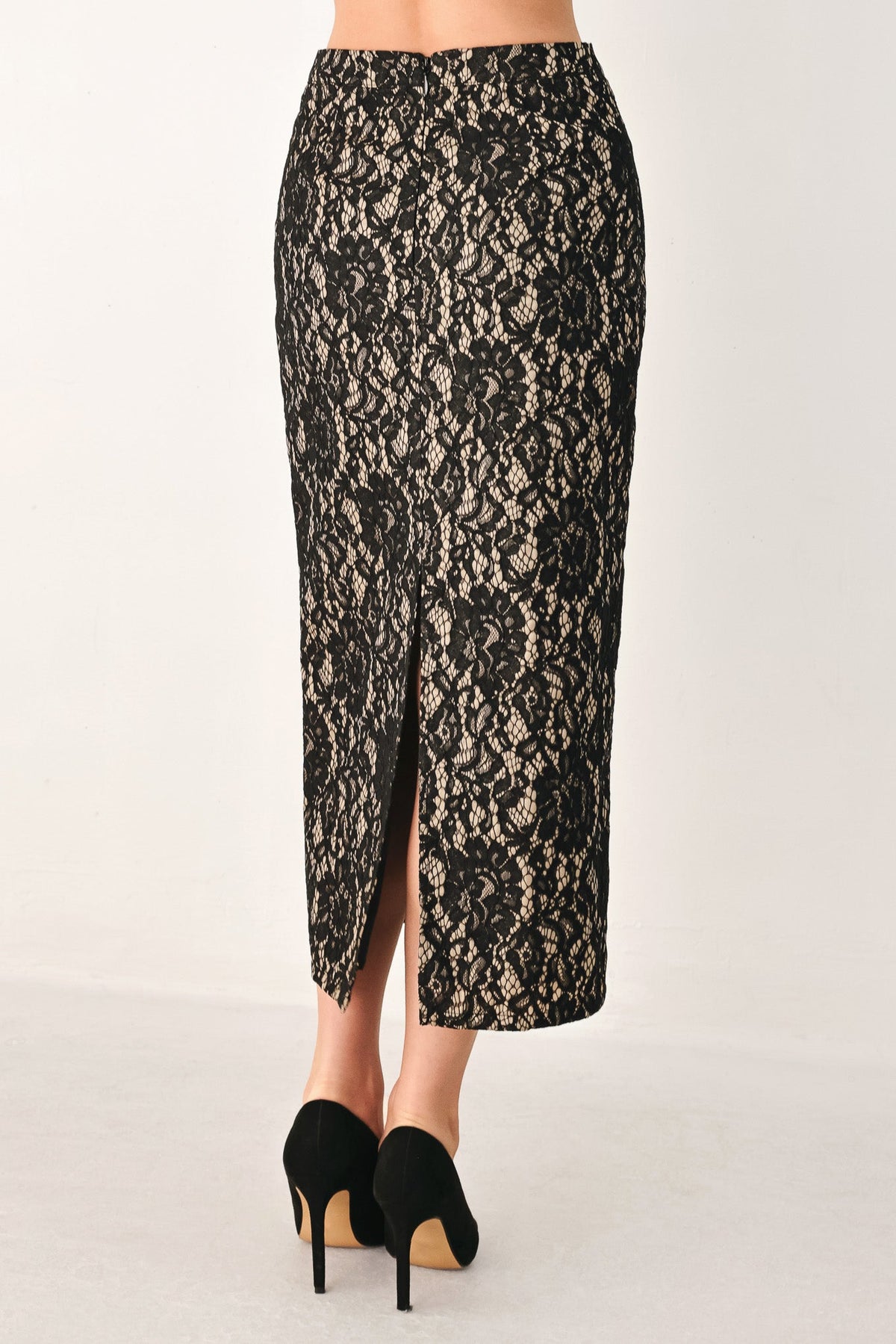 LACE THEORY BLACK LACE PENCIL MIDI SKIRT
