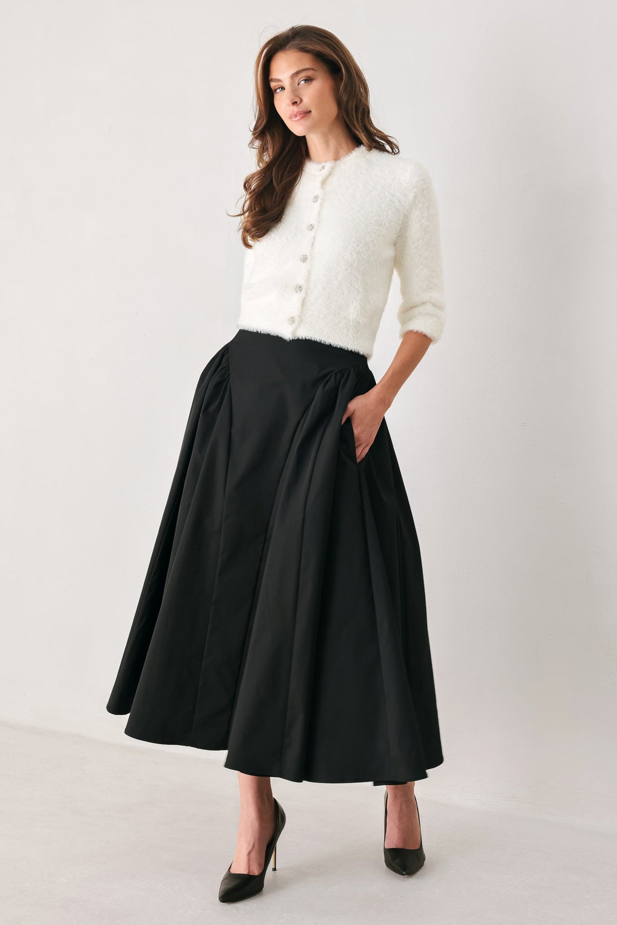SCULPTED NOIR SHIRRED MIDI SKIRT