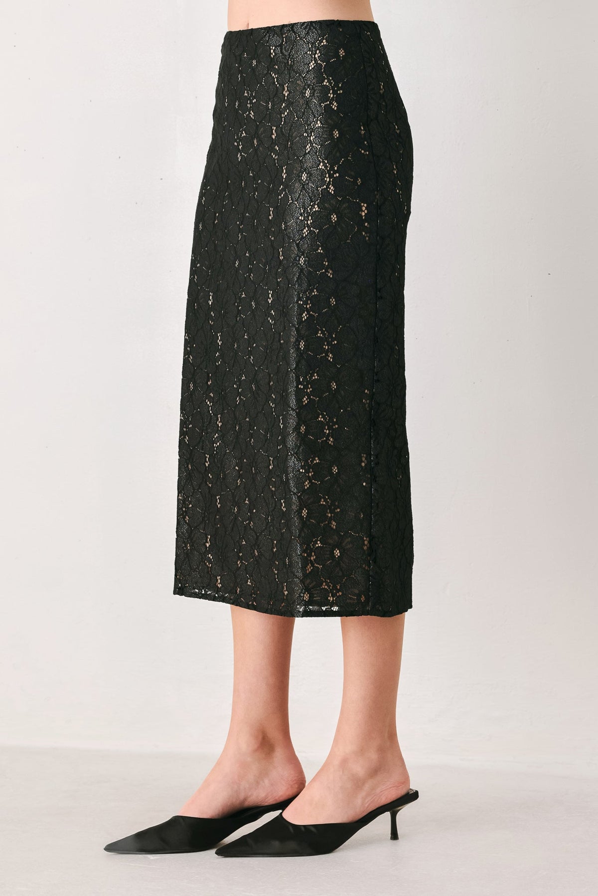 NOIR LACE AFFAIR BLACK/NUDE LACE PENCIL SKIRT