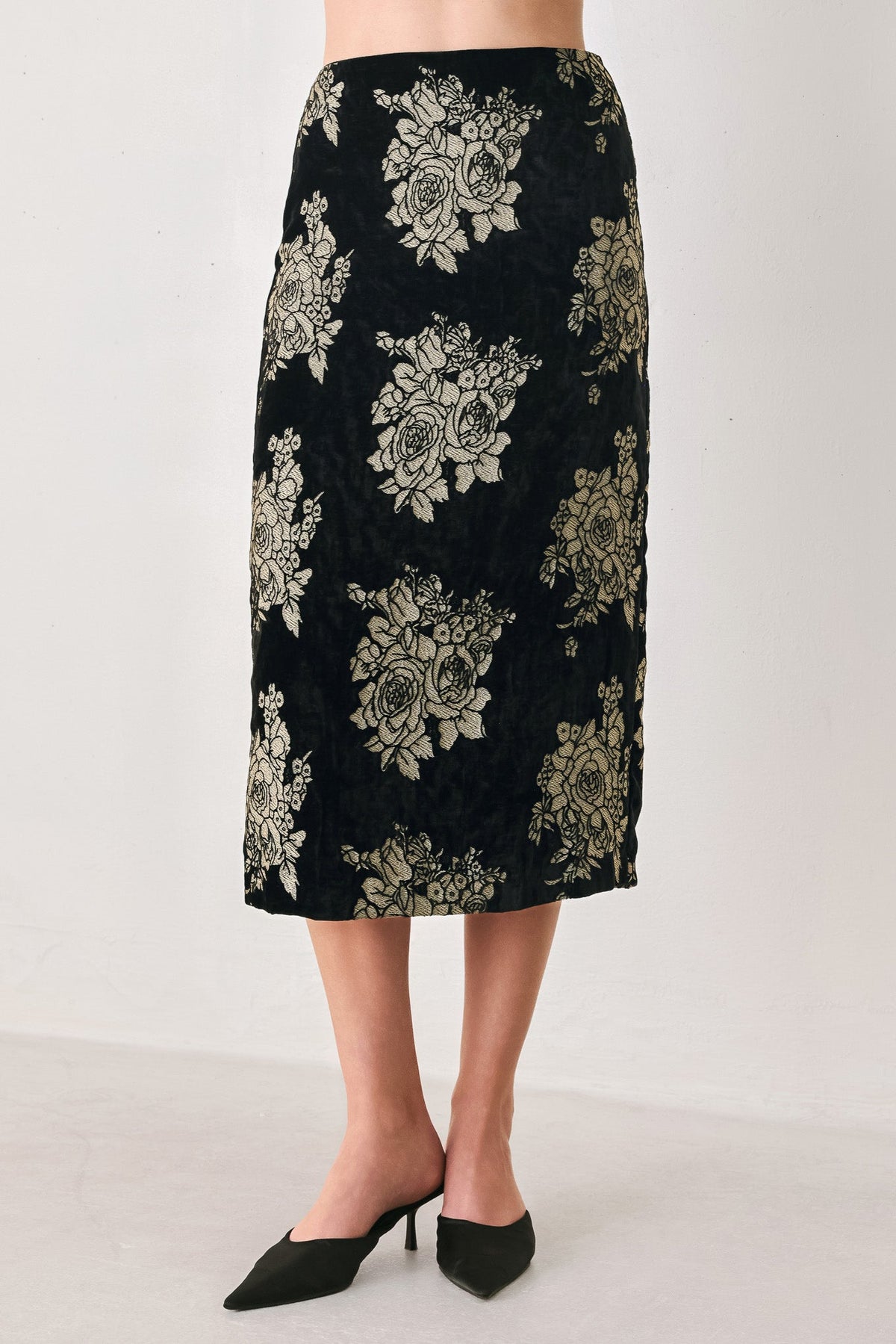 GILDED VELVET BLACK/GOLD JACQUARD MIDI SKIRT