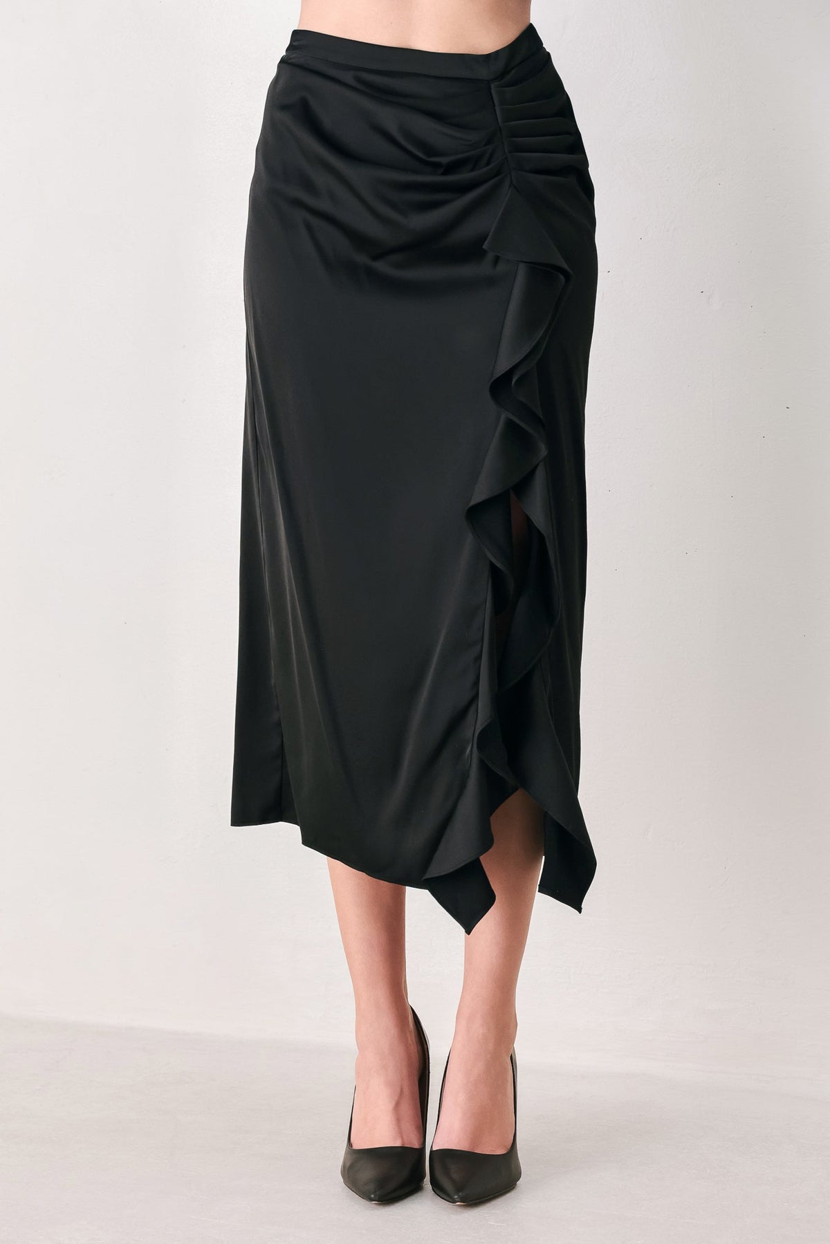 NOIR CASCADE BLACK ASYMMETRICAL RUFFLE MIDI SKIRT