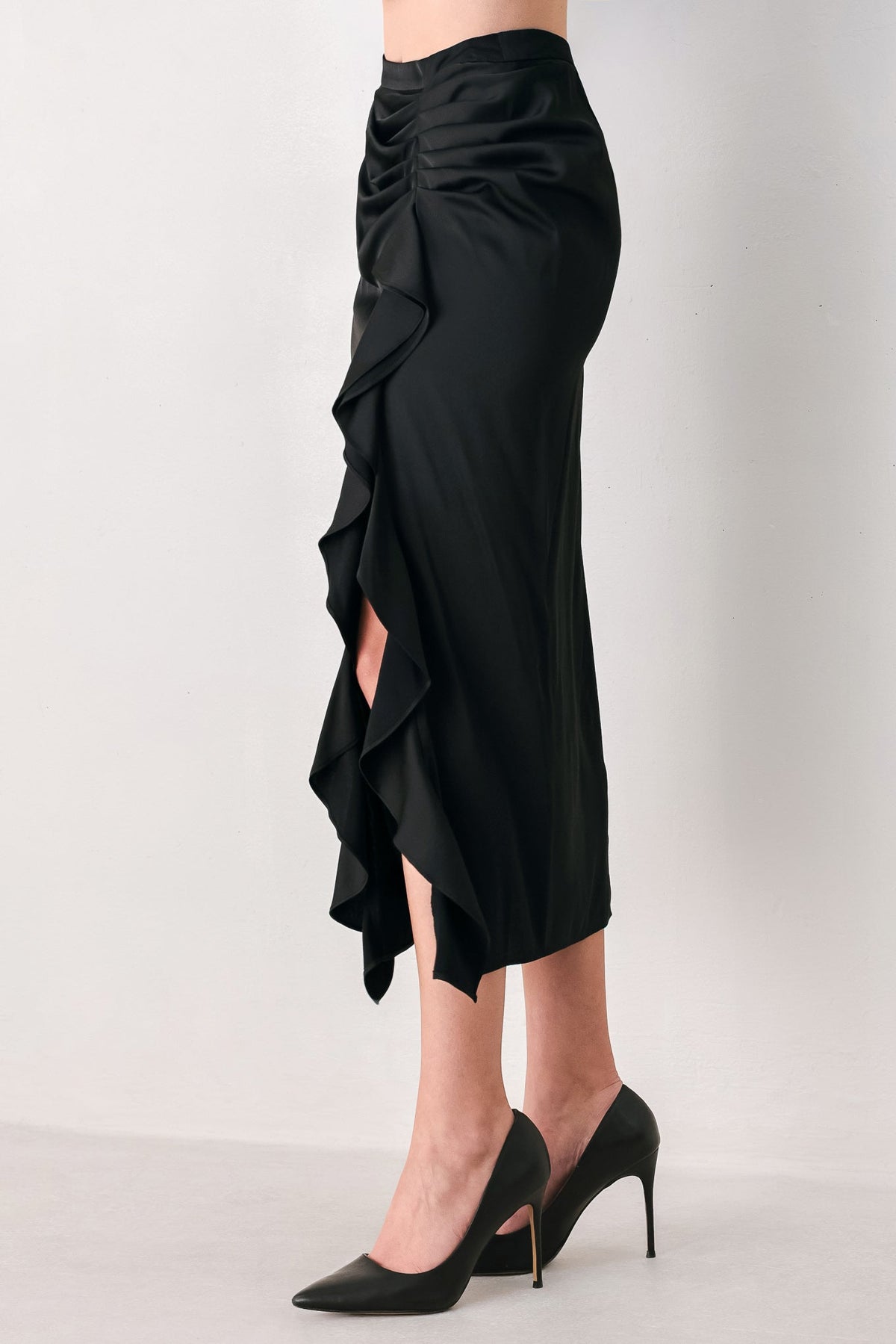 NOIR CASCADE BLACK ASYMMETRICAL RUFFLE MIDI SKIRT