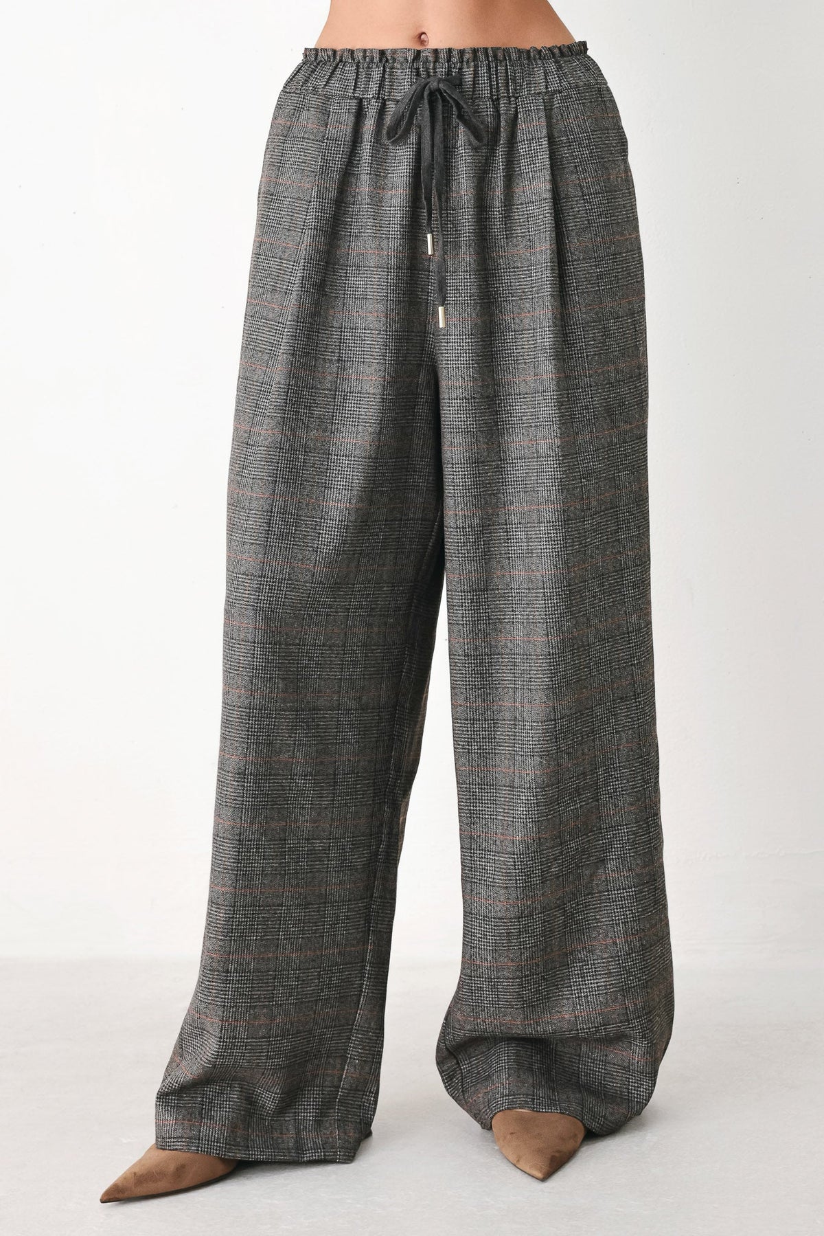 OFF THE CLOCK PLAID DRAWSTRING WIDE LEG PANTS
