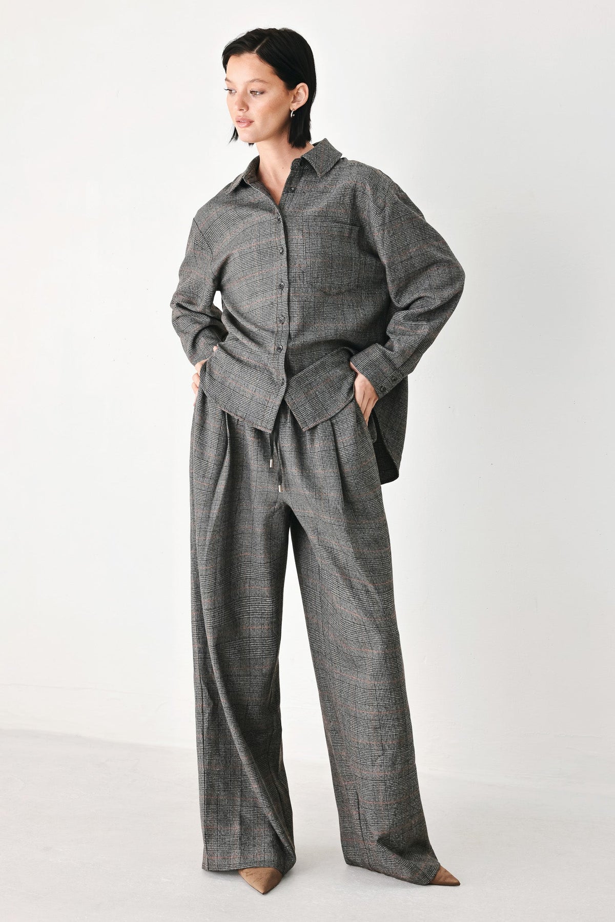 OFF THE CLOCK PLAID DRAWSTRING WIDE LEG PANTS