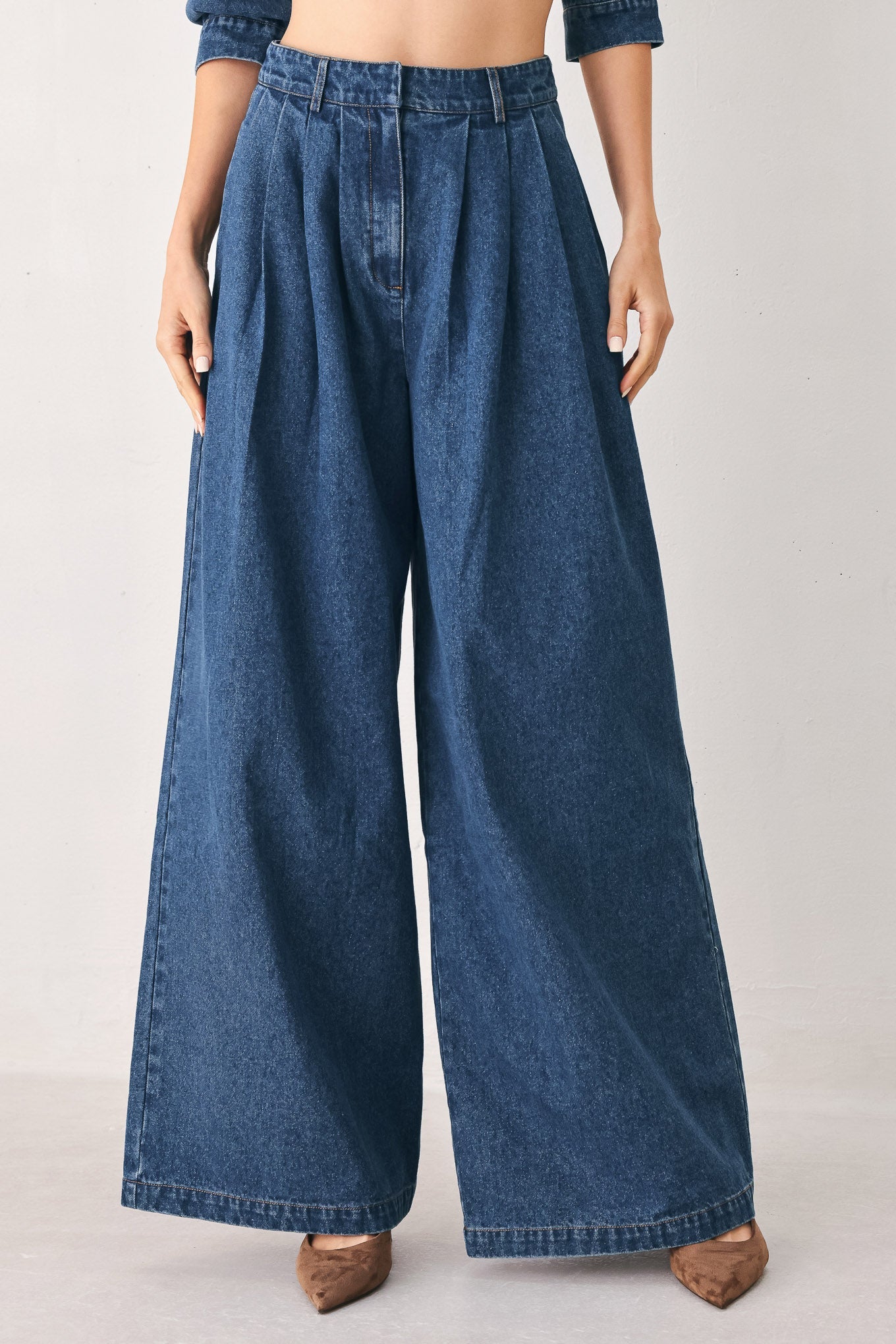 BLUE ECHO PLEATED DENIM WIDE LEG PANTS
