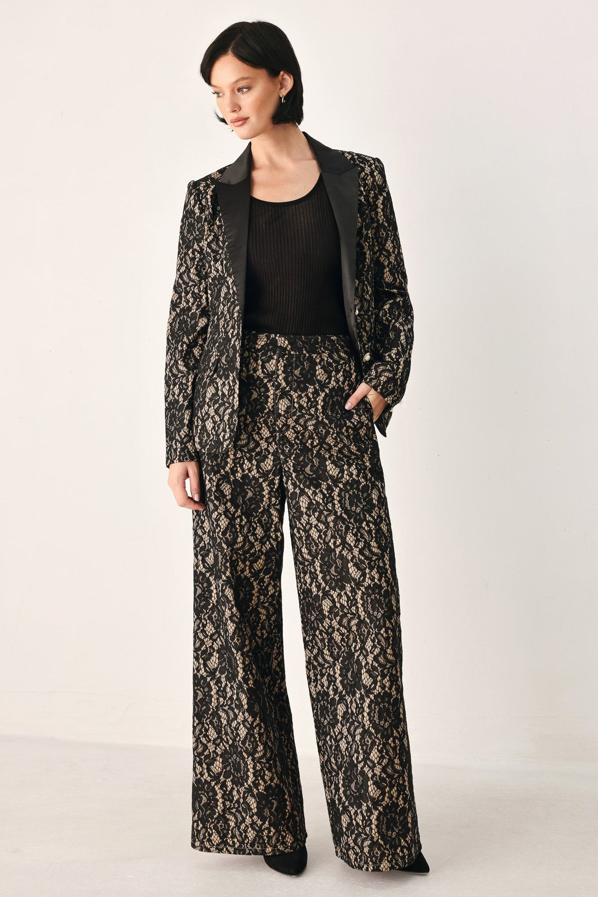 LACE THEORY BLACK/CAMEL LACE WIDE-LEG PANTS