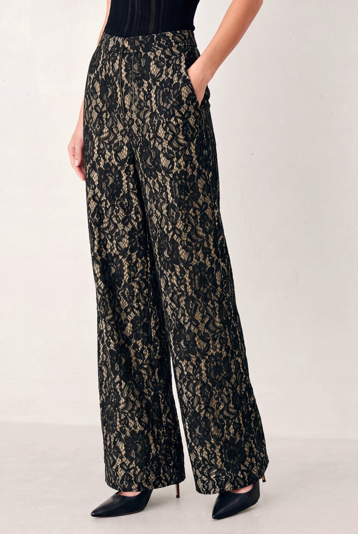LACE THEORY BLACK/CAMEL LACE WIDE-LEG PANTS