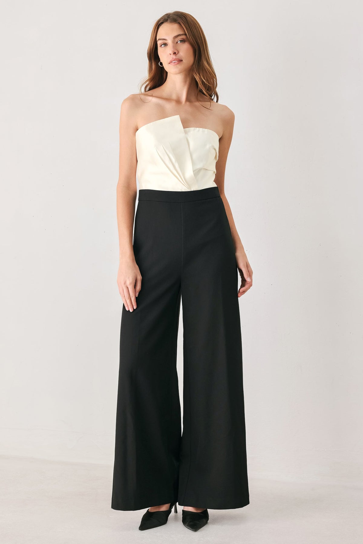 TUXEDO HOUR BLACK/CREAM STRAPLESS WIDE-LEG JUMPSUIT