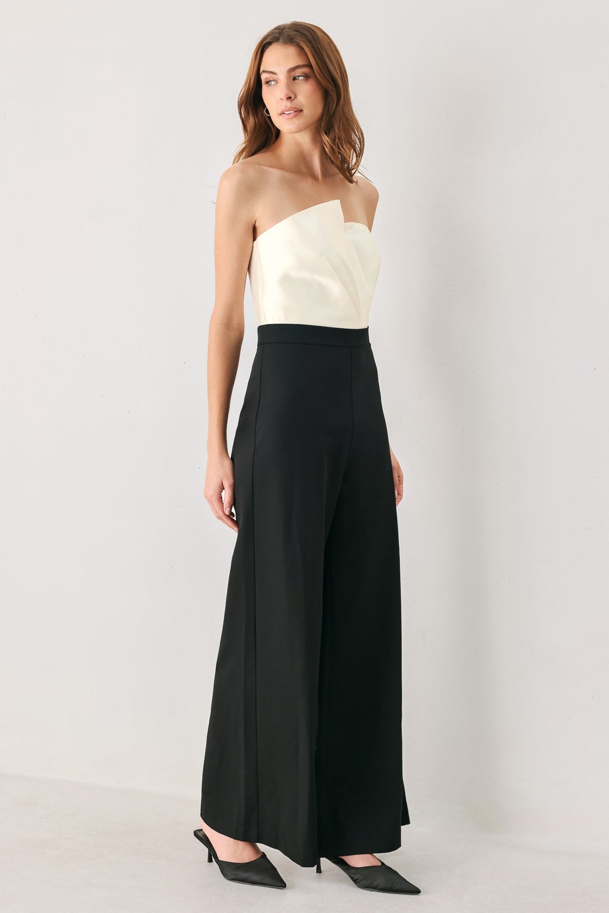 TUXEDO HOUR BLACK/CREAM STRAPLESS WIDE-LEG JUMPSUIT