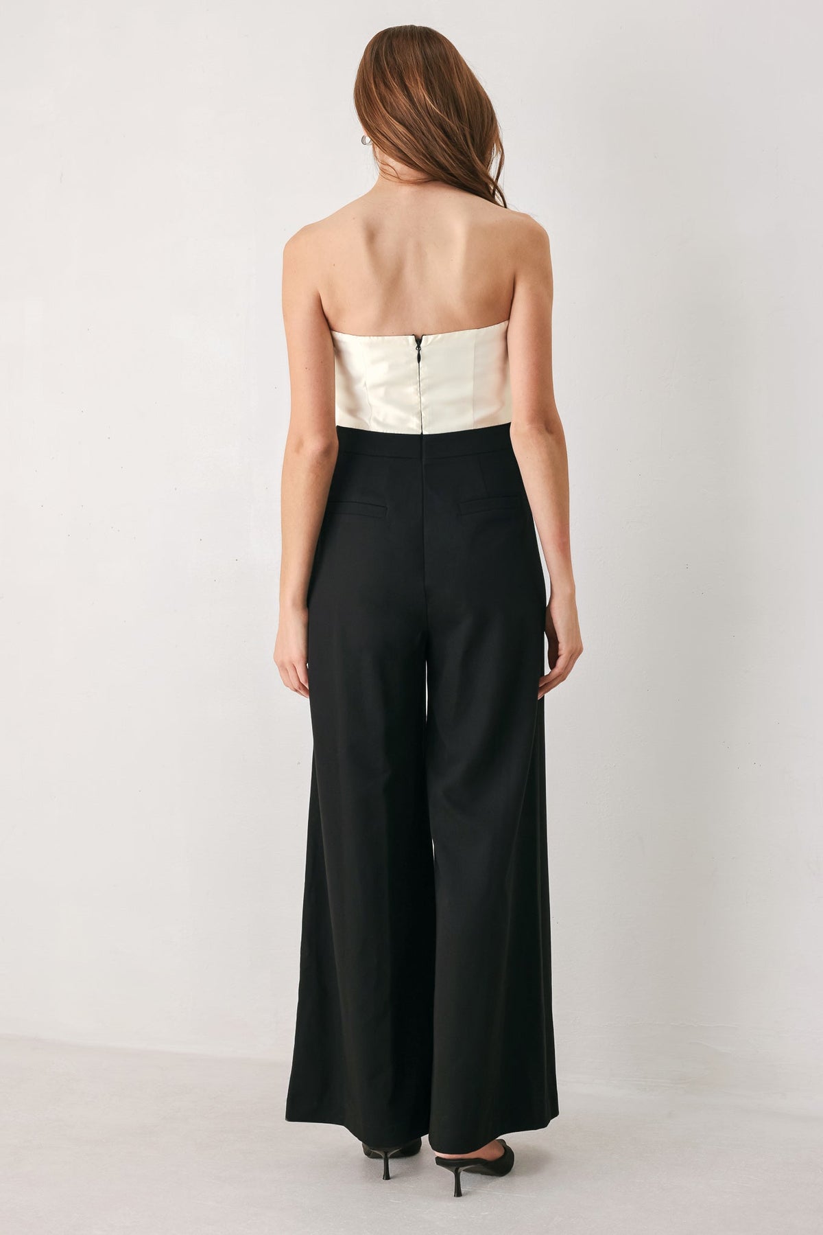 TUXEDO HOUR BLACK/CREAM STRAPLESS WIDE-LEG JUMPSUIT