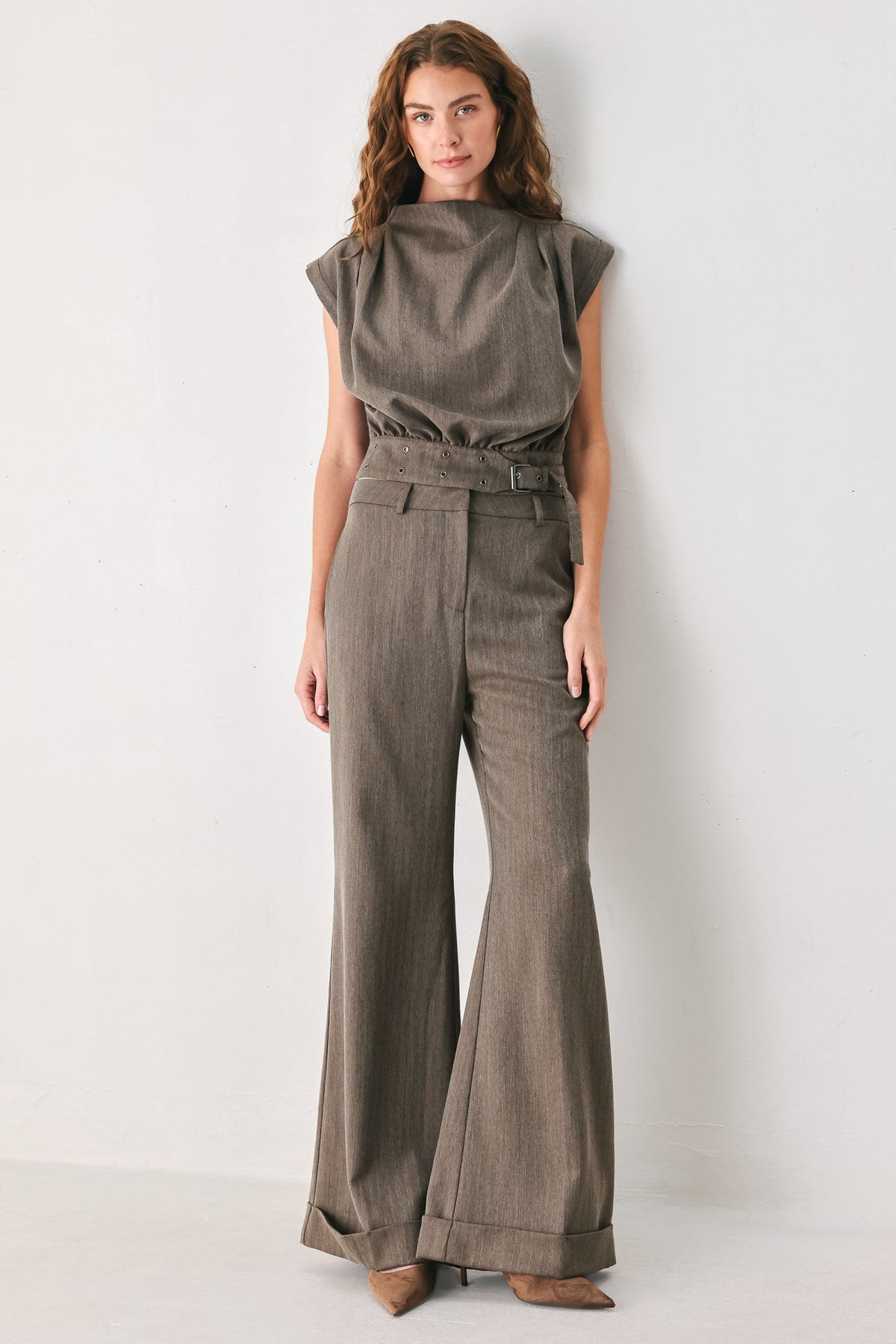 TAILORED TEMPO BROWN CUFFED FLARE PANTS