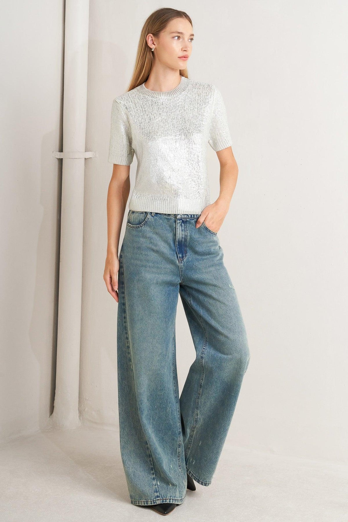 MOONLIT SHIMMER SILVER FOIL SHORT-SLEEVE SWEATER TOP
