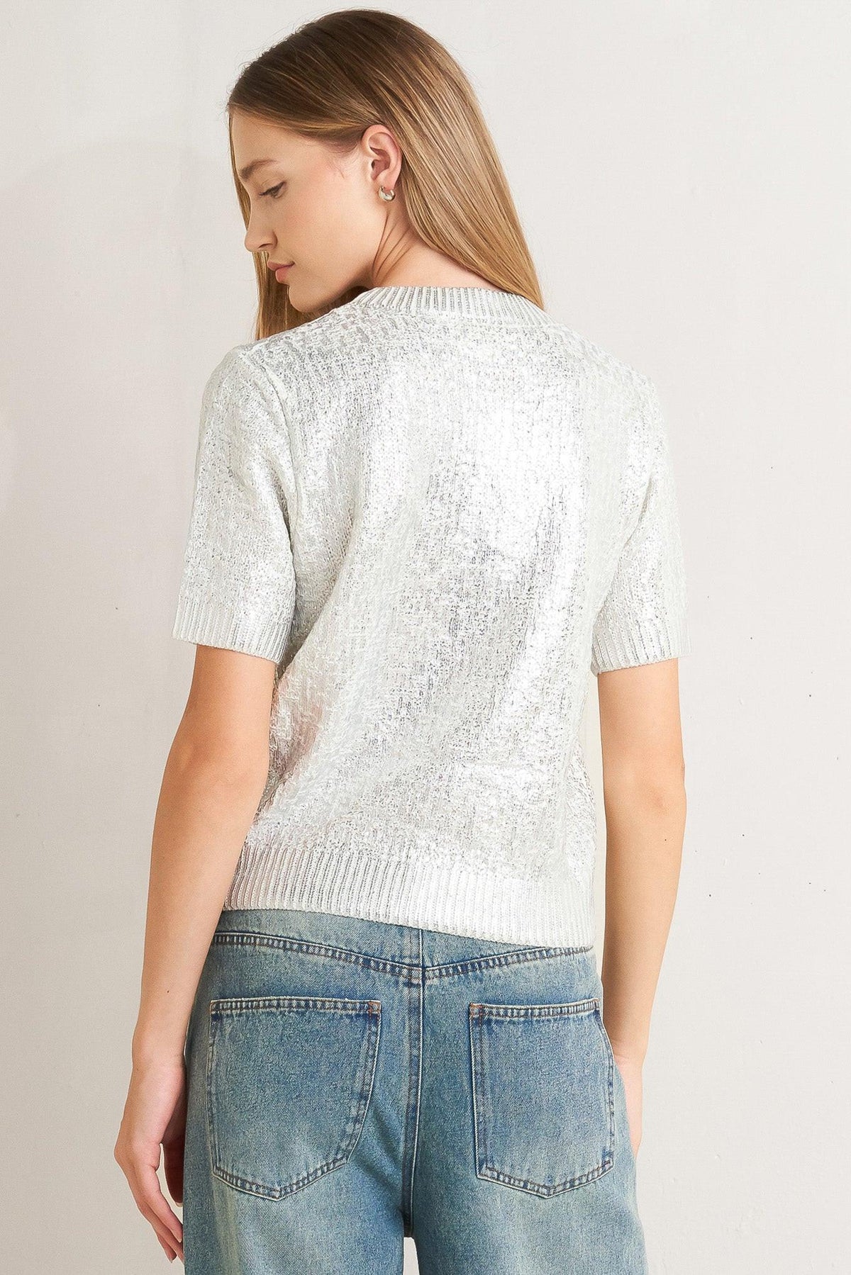 MOONLIT SHIMMER SILVER FOIL SHORT-SLEEVE SWEATER TOP