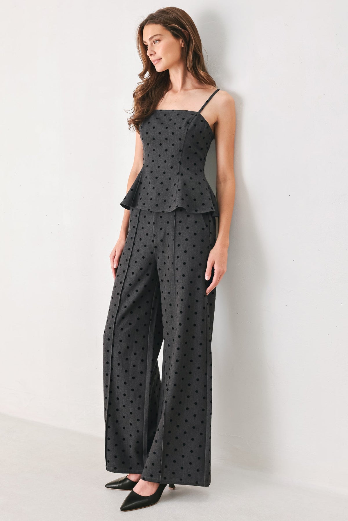 CHARCOAL DOT CHARCOAL PEPLUM TOP