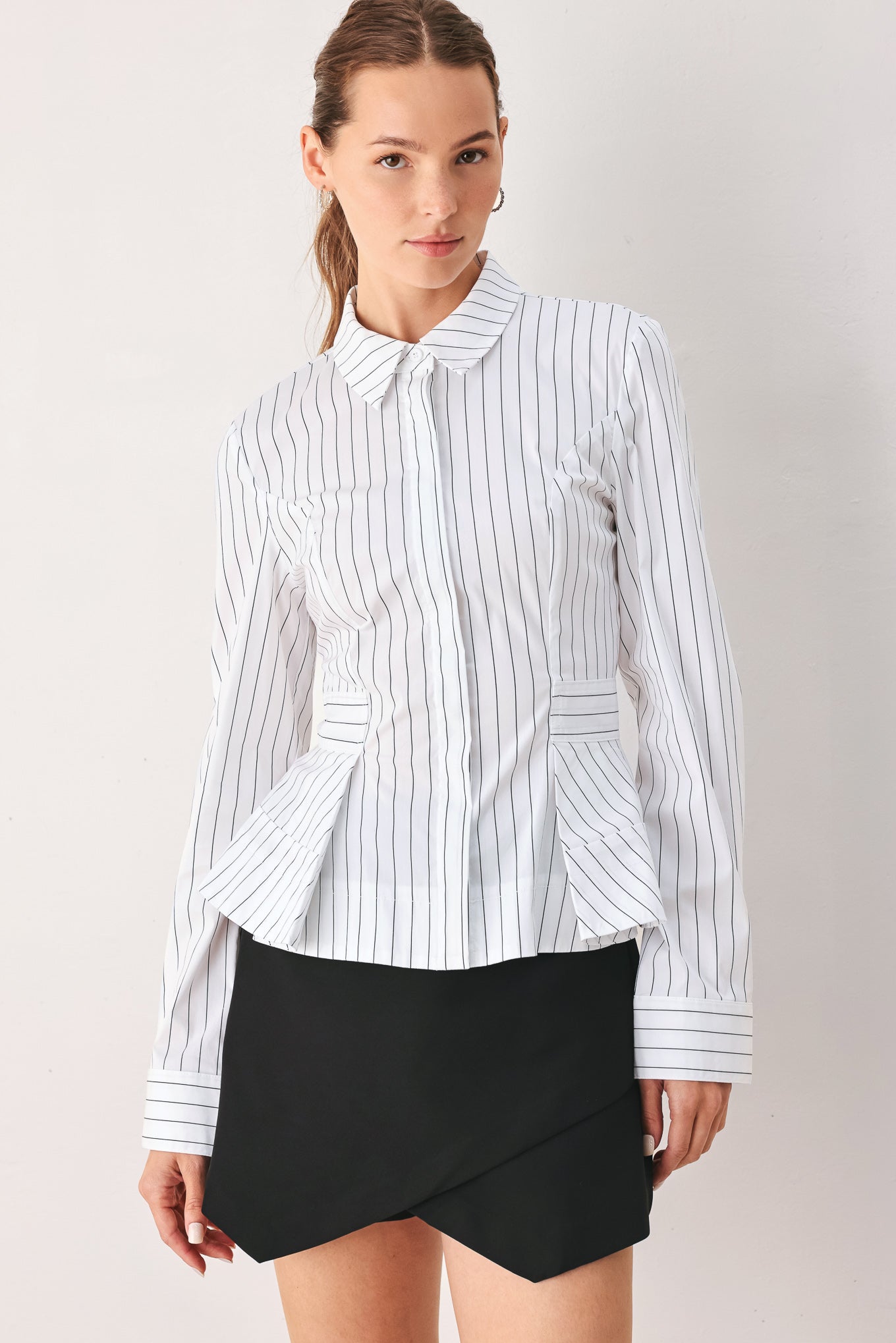 MODERNIST PINSTRIPE FLARED-WAIST WOVEN TOP