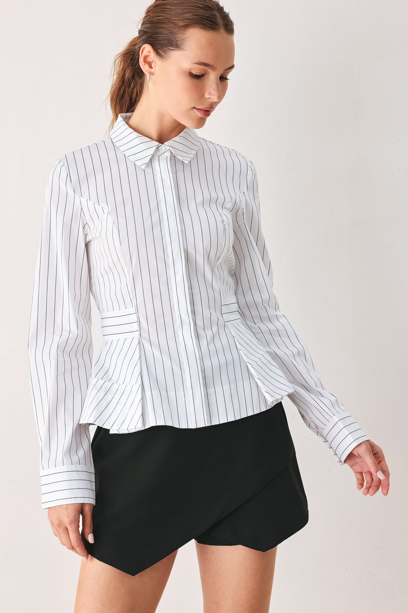 MODERNIST PINSTRIPE FLARED-WAIST WOVEN TOP