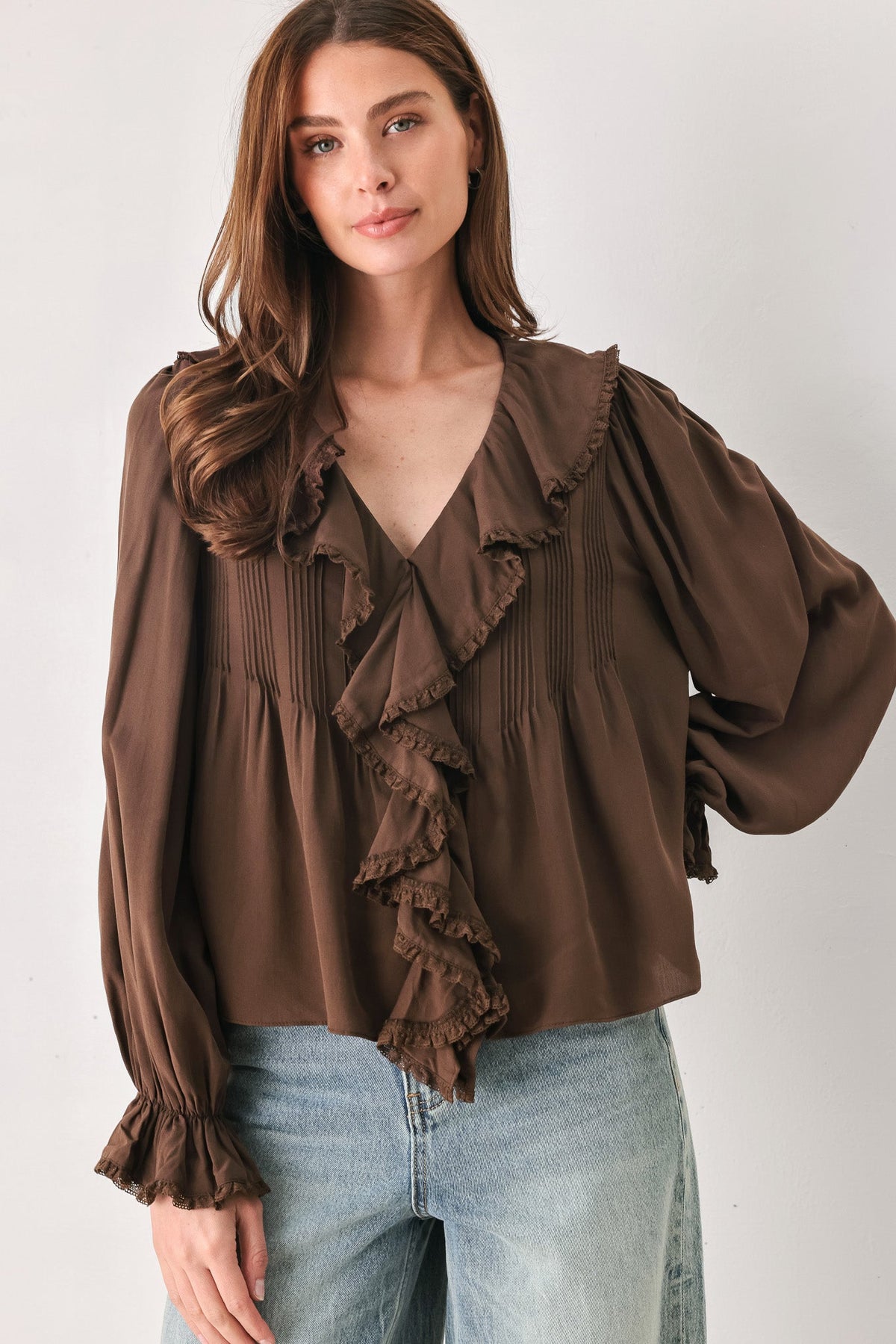 EARTHBOUND ROMANCE BROWN RUFFLE PINTUCK BLOUSE