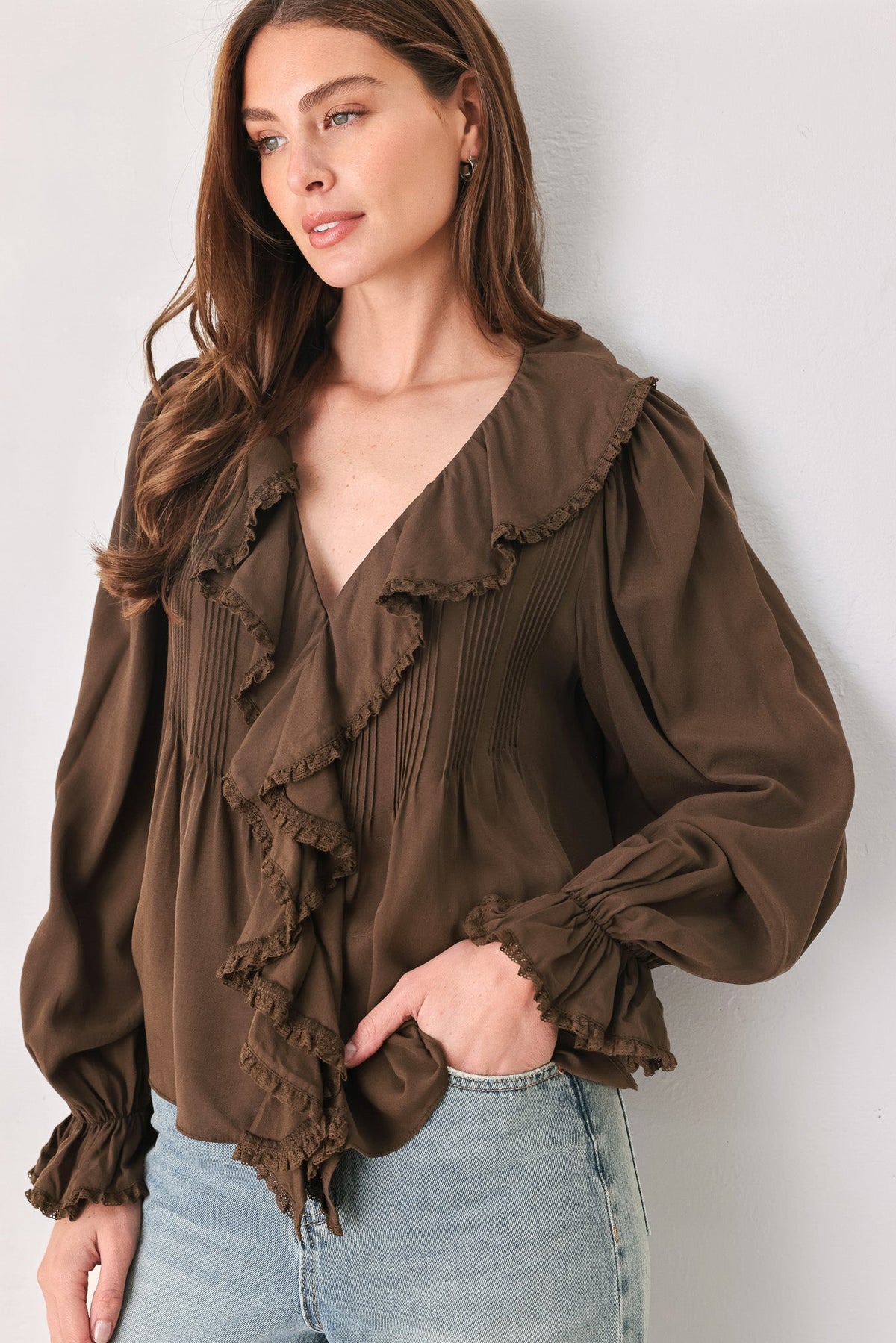 EARTHBOUND ROMANCE BROWN RUFFLE PINTUCK BLOUSE