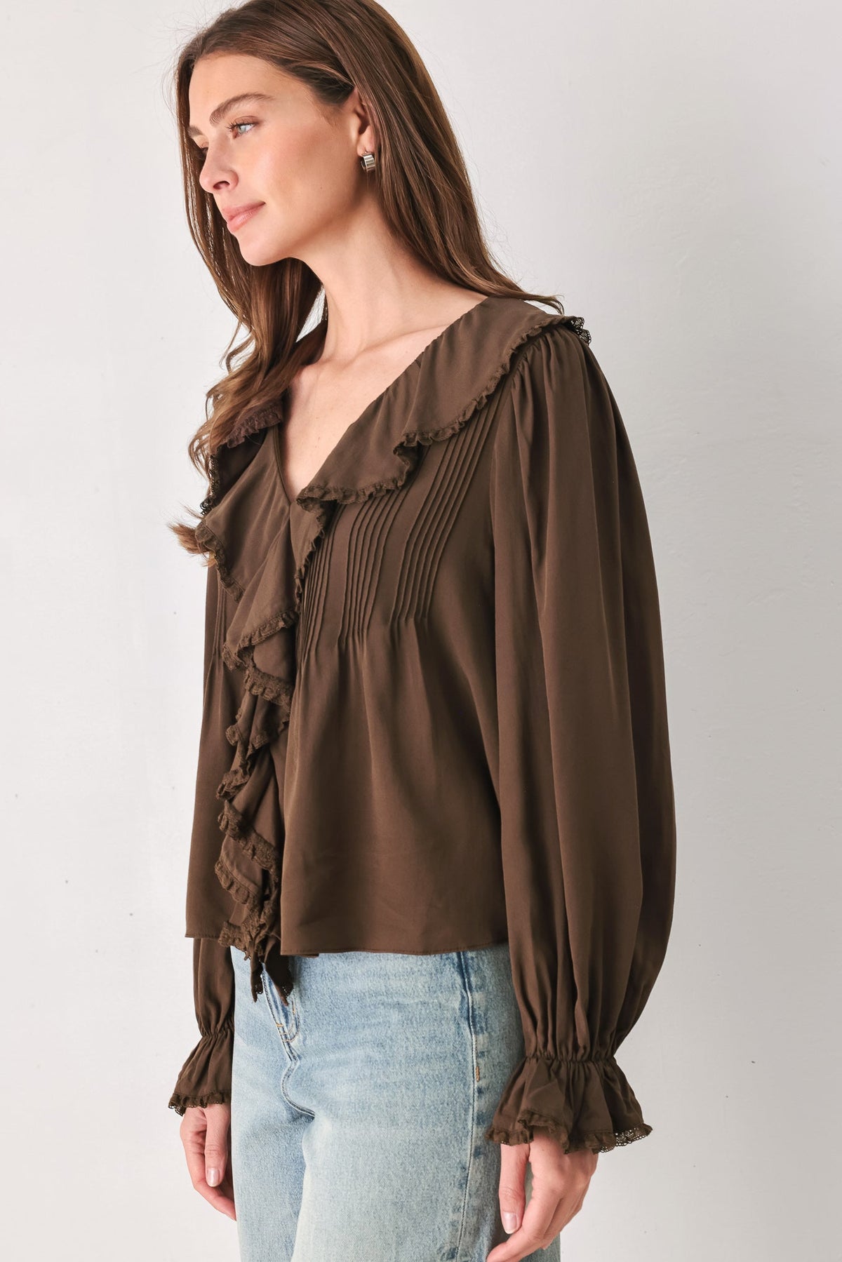 EARTHBOUND ROMANCE BROWN RUFFLE PINTUCK BLOUSE