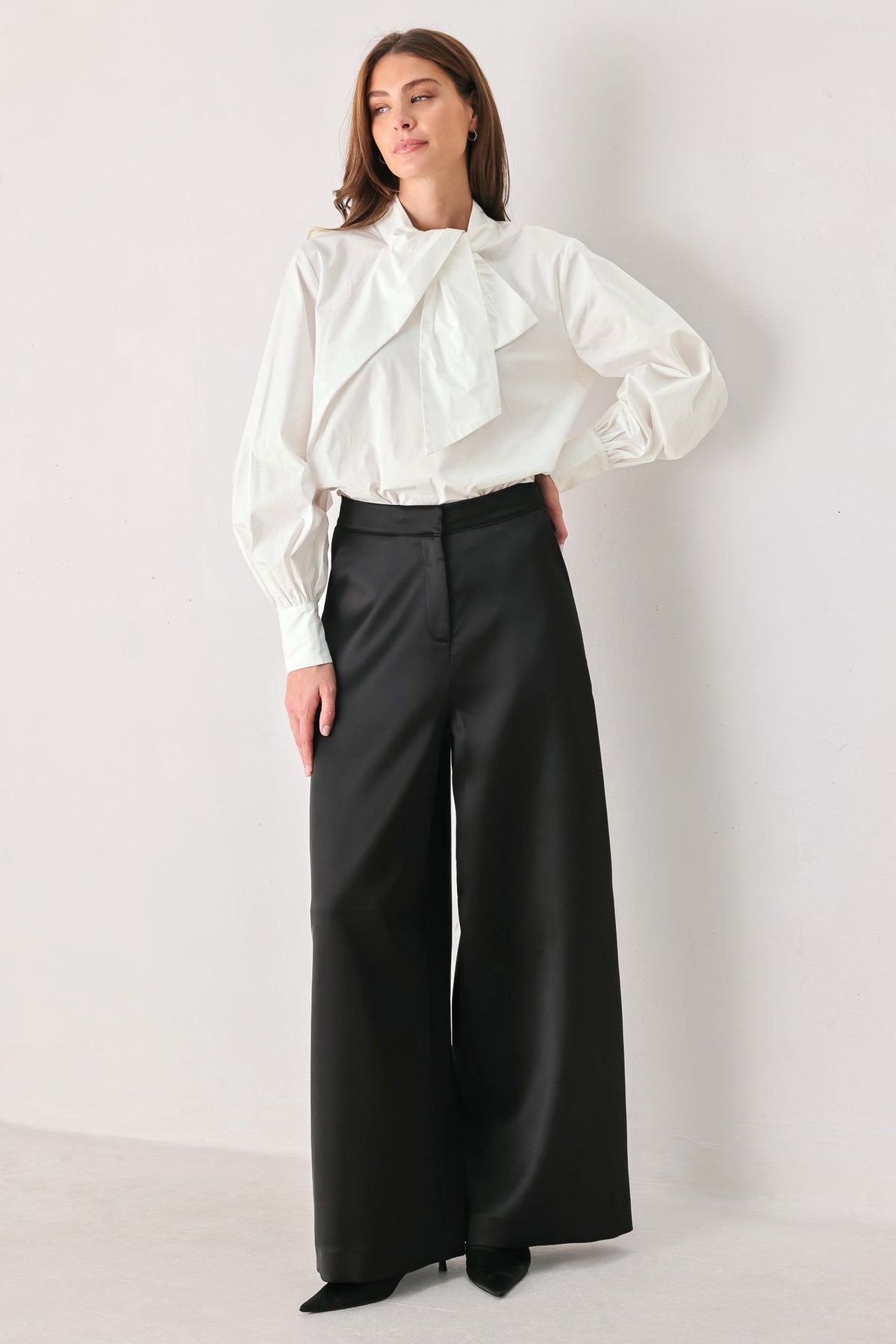 IVORY IMPACT OFF WHITE ASYMMETRICAL TIE-NECK PUFF-SLEEVE TOP