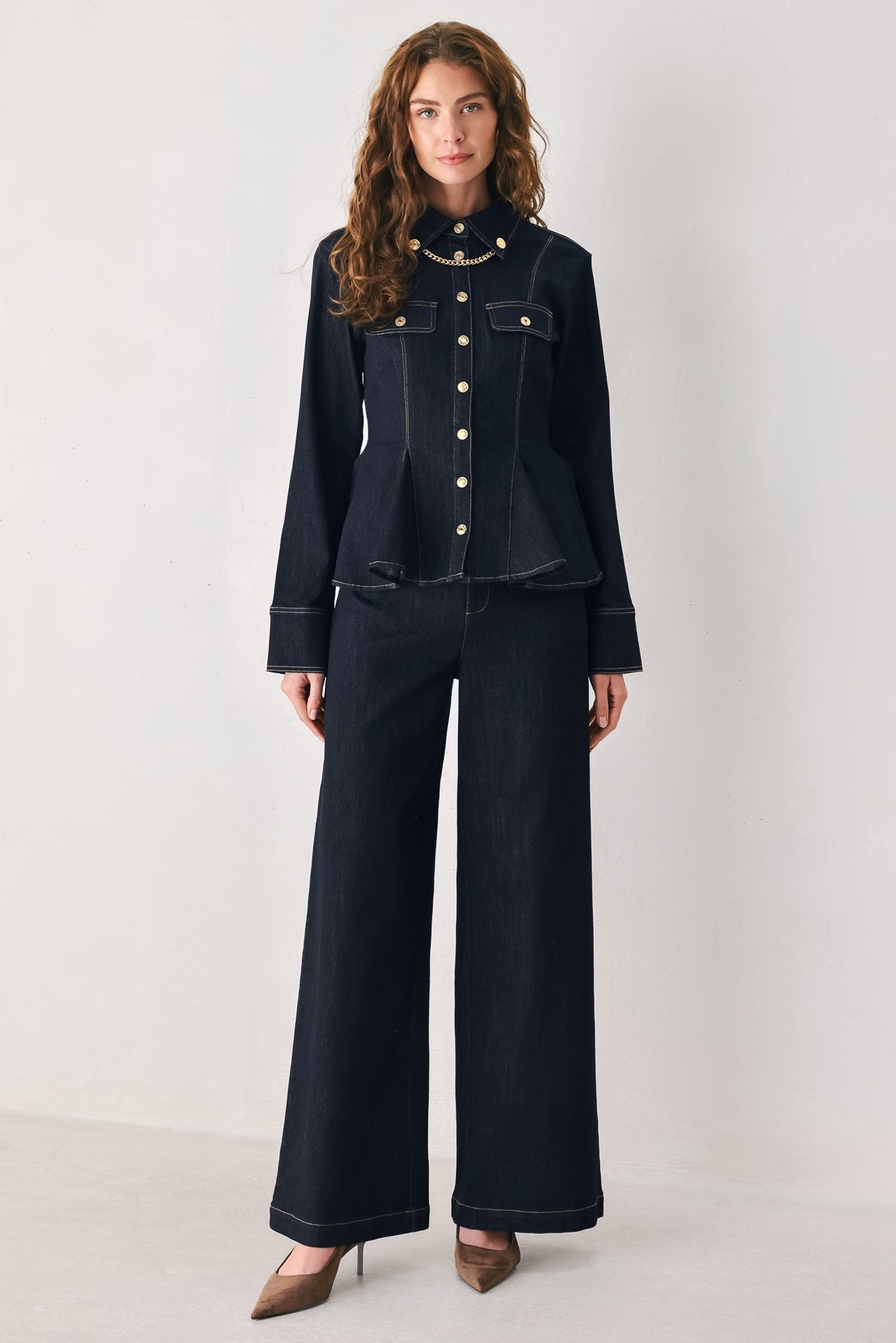 INDIGO ICON DARK INDIGO CHAIN-DETAIL PEPLUM DENIM TOP