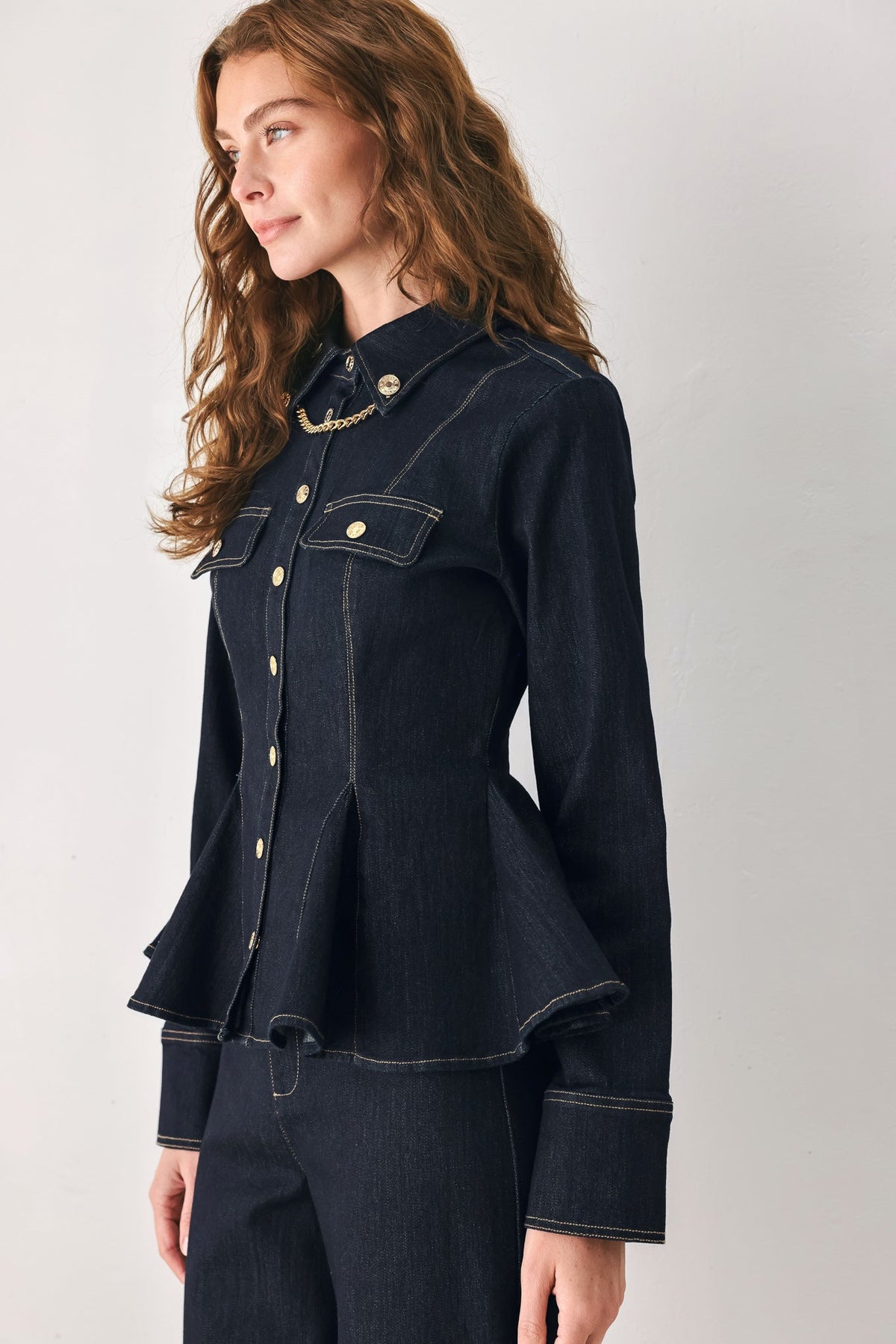 INDIGO ICON DARK INDIGO CHAIN-DETAIL PEPLUM DENIM TOP