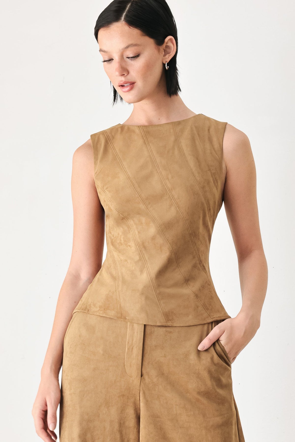 DESERT MOD CAMEL FAUX SUEDE SLEEVELESS TOP