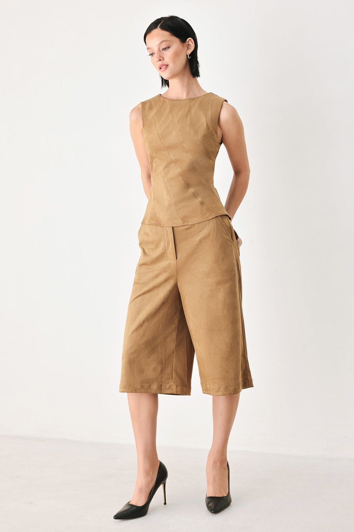 DESERT MOD CAMEL FAUX SUEDE SLEEVELESS TOP