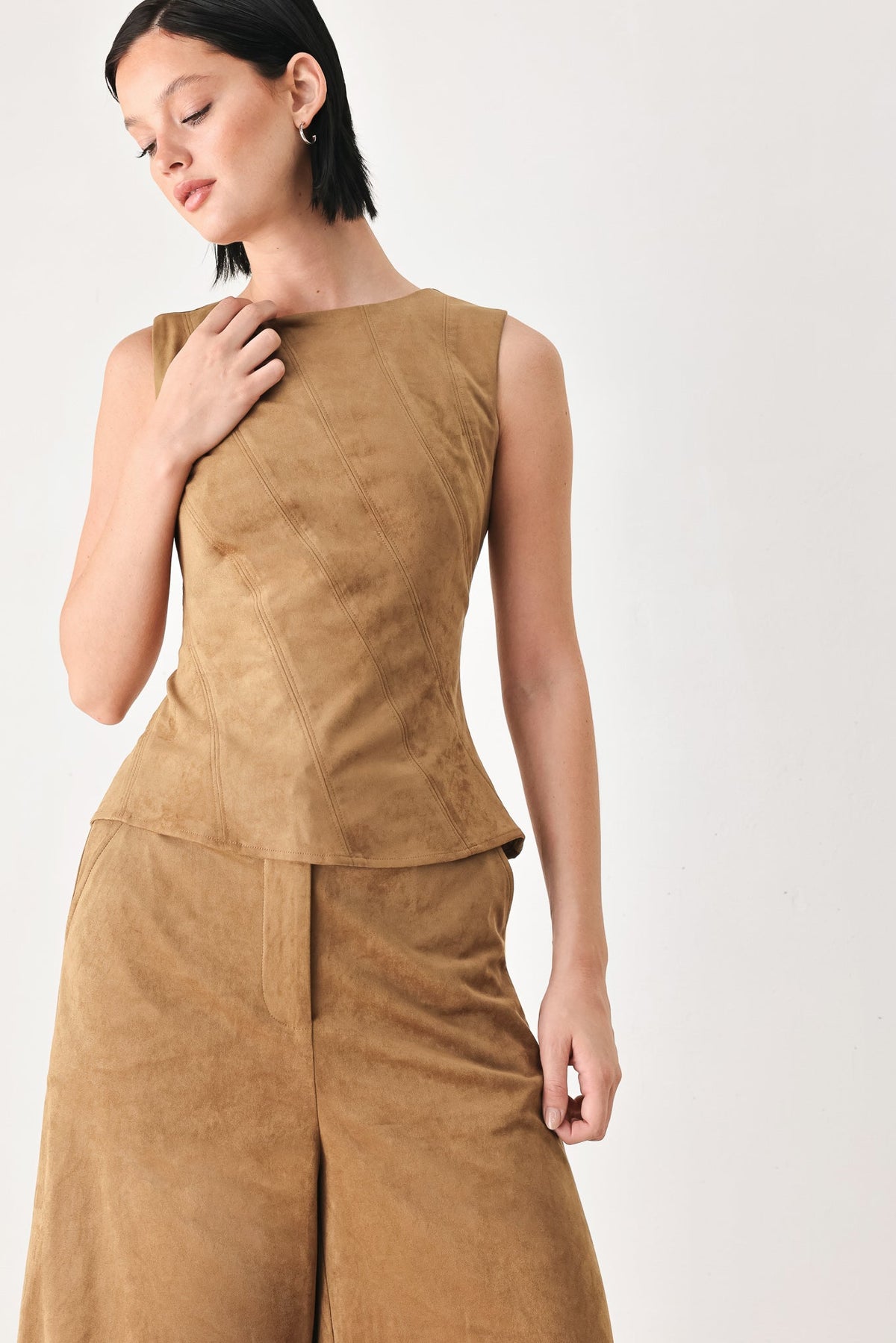 DESERT MOD CAMEL FAUX SUEDE SLEEVELESS TOP
