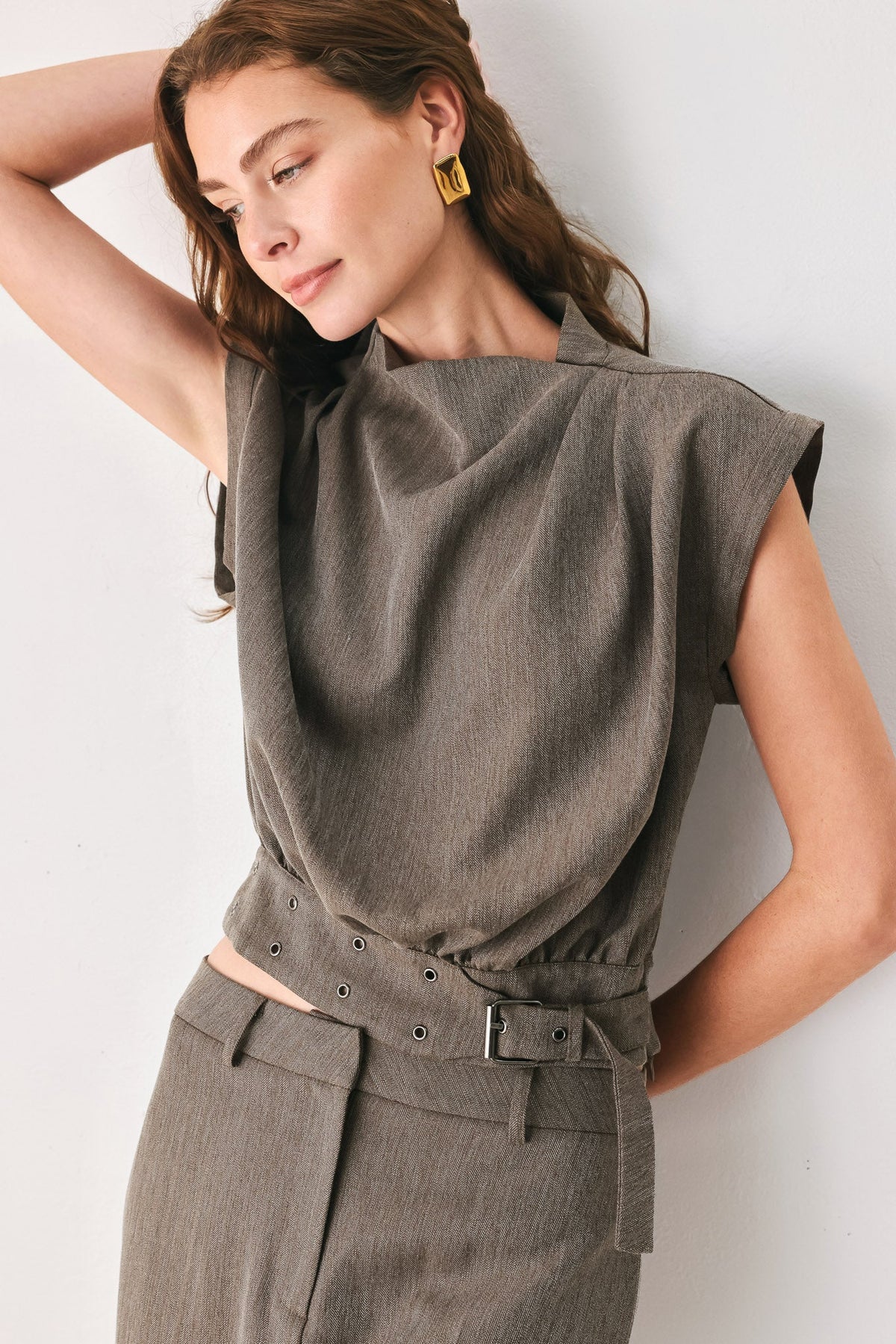 TAILORED TEMPO BROWN FUNNEL-NECK BELTED TOP