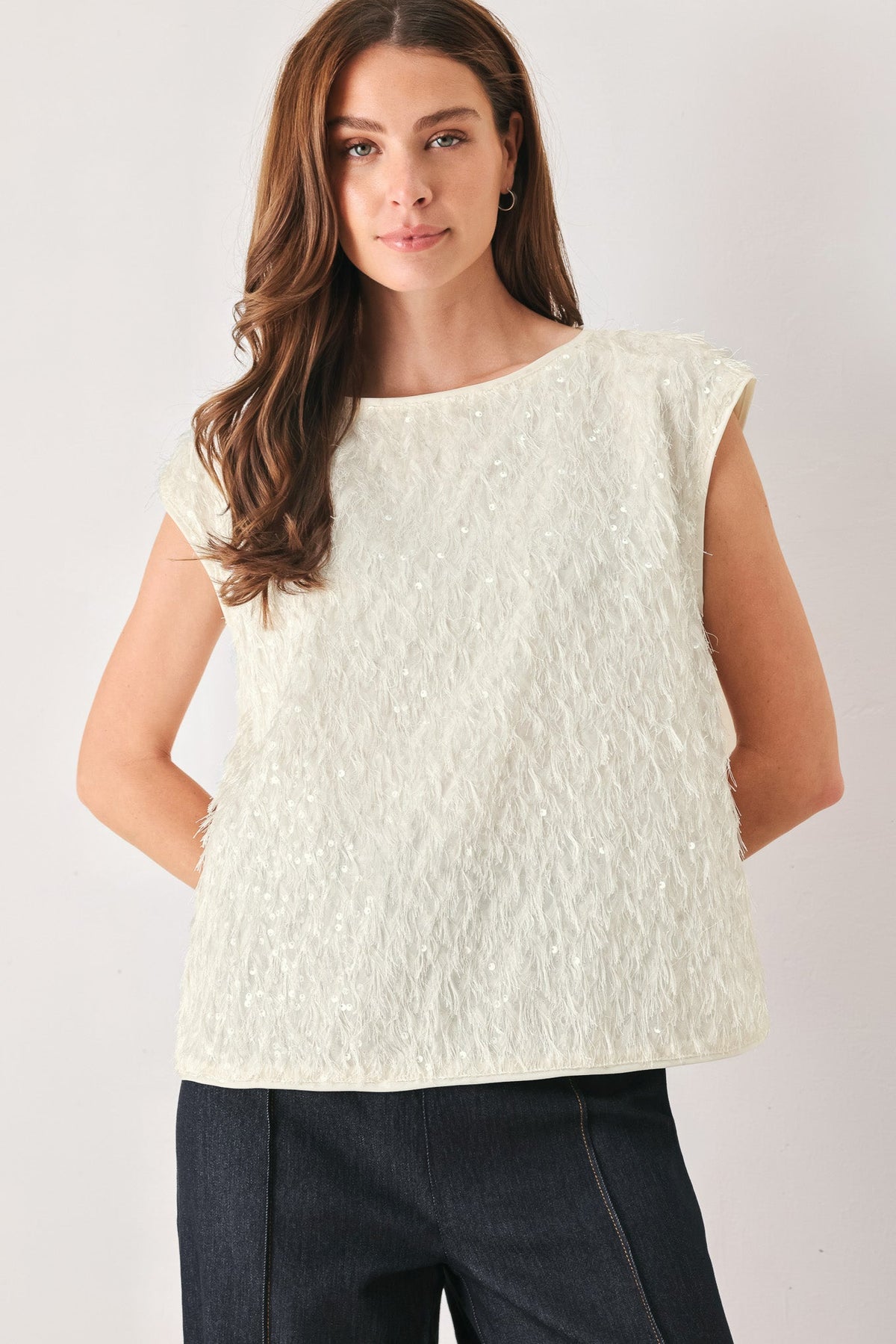 IVORY FRINGE OFF WHITE SEQUIN SLEEVELESS TOP